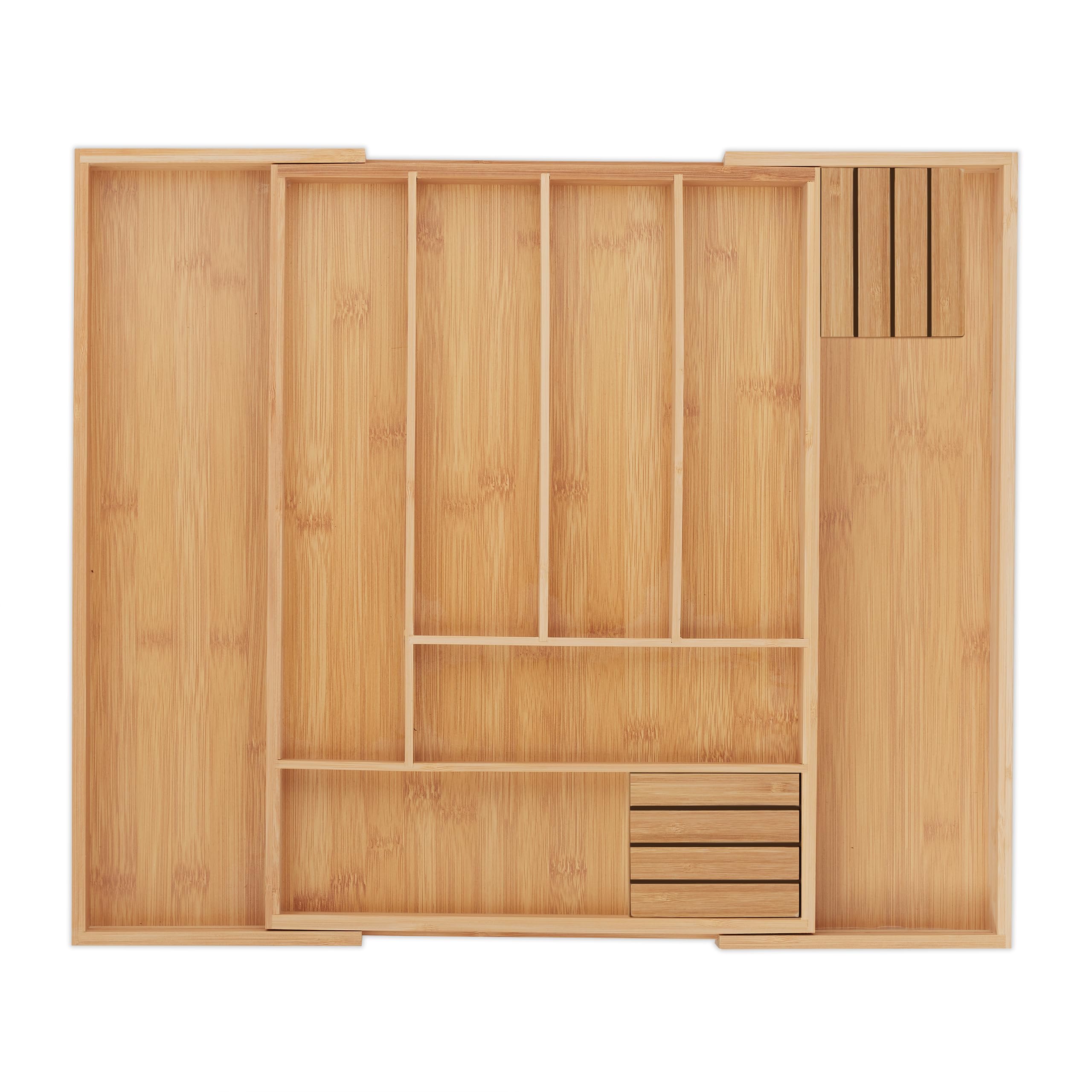 Relaxdays Portaposate da Cassetto, Regolabile, 6-8 Scomparti, 5 x 32 x 43 cm, con 2 Ceppi Portacoltelli, Bambù, Naturale