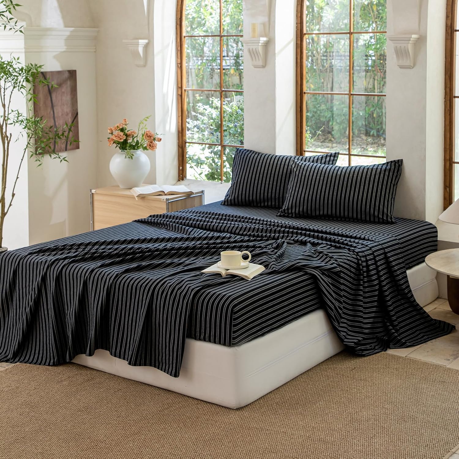Striped Bedding Sheet Set 4 Pcs,100% Washed Cotton Linen Like,1 Fitted Sheet,1 Flat Sheet and 2 Pillowcases,Comfy Textured Sheet Set(Strip-Black/White,Queen)