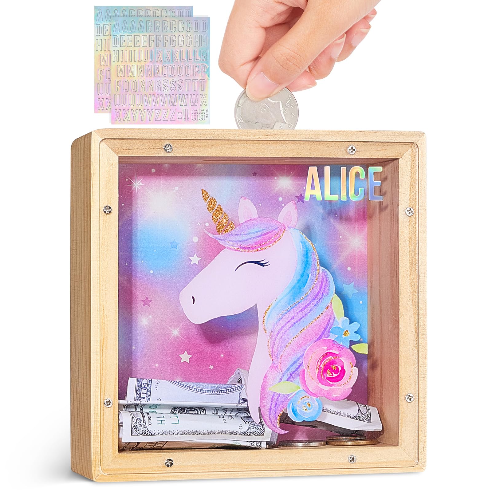 Kit Salvadanaio Unicorno Per Bambini - 4 Pezzi Con Braccialetto E Adesivi, Rosa - Foto 5