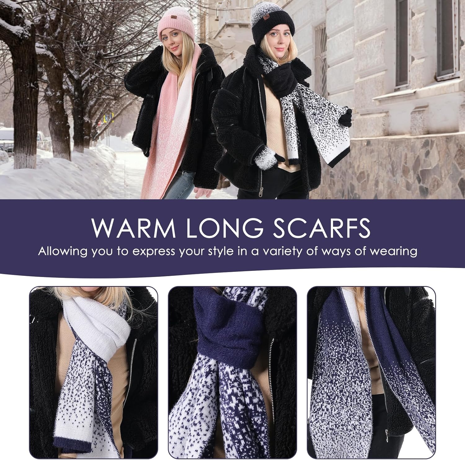 Winter Beanie Hat Scarf Gloves, Warm Fleece Lined Knit Beanie Hat Long Scarf & Touch Screen Gloves for Women Cold Weather Set - Image 3