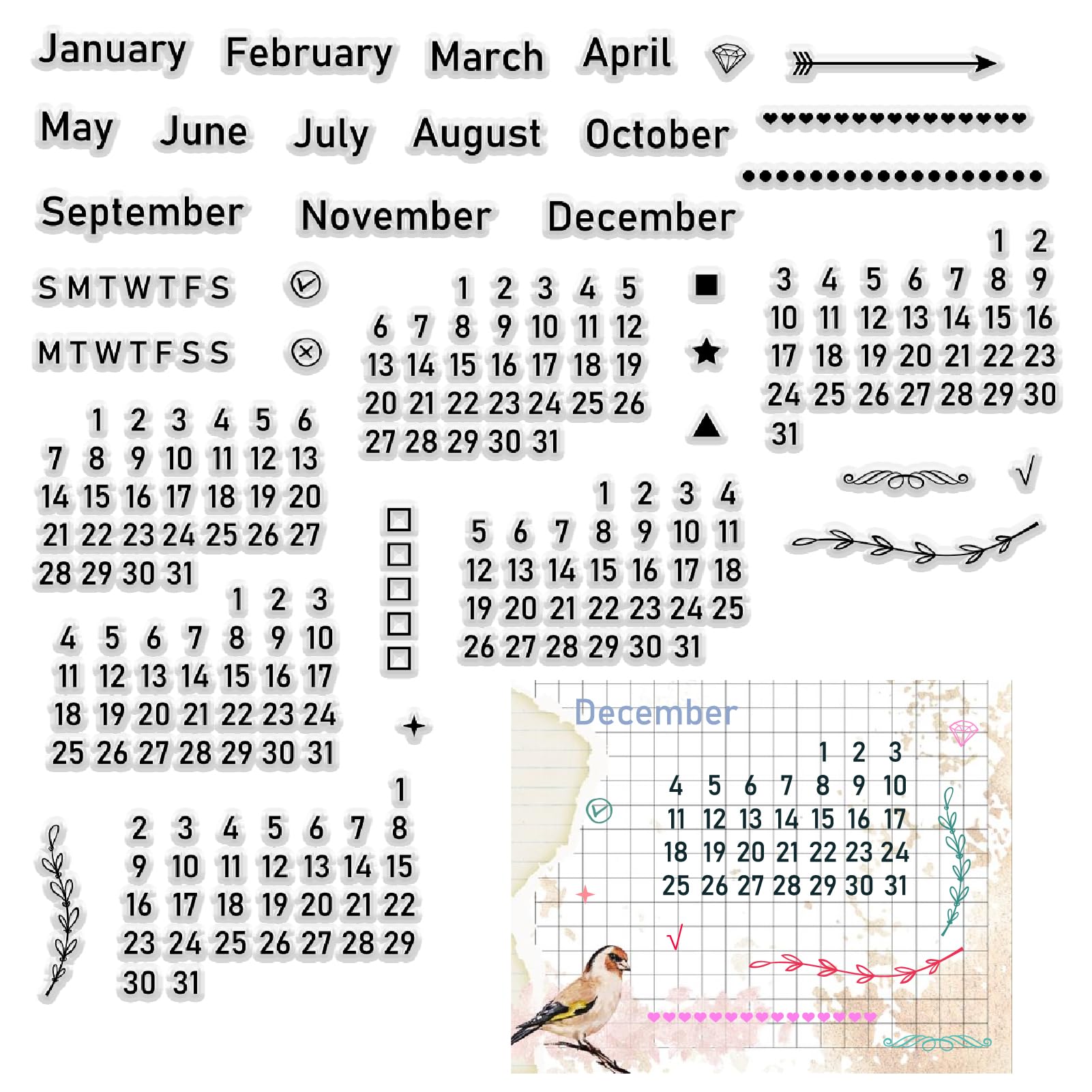 CRASPIRE Calendario Timbri Trasparenti Settimana Mese Parole Numero Riutilizzabili Silicone per Scrapbooking Album Fotografico Decorativo Diario