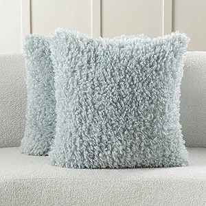 FUTEI Light Blue Decorative Throw Pillow Covers 20x20 Inch Set of 2,Soft Fluffy Faux Wool Fur Boucle Textured Cushion Case,Modern Home Decor for Couch Bed Living Room Office