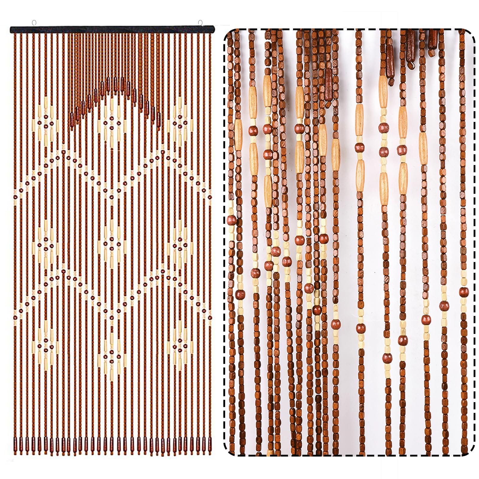 DouSeiAi Natural Wood and Bamboo Beaded Curtain Room Divider, 32 Strands Hanging Doorway Decor for Bedroom, Porch, Living Room, 35 x 69 Inches