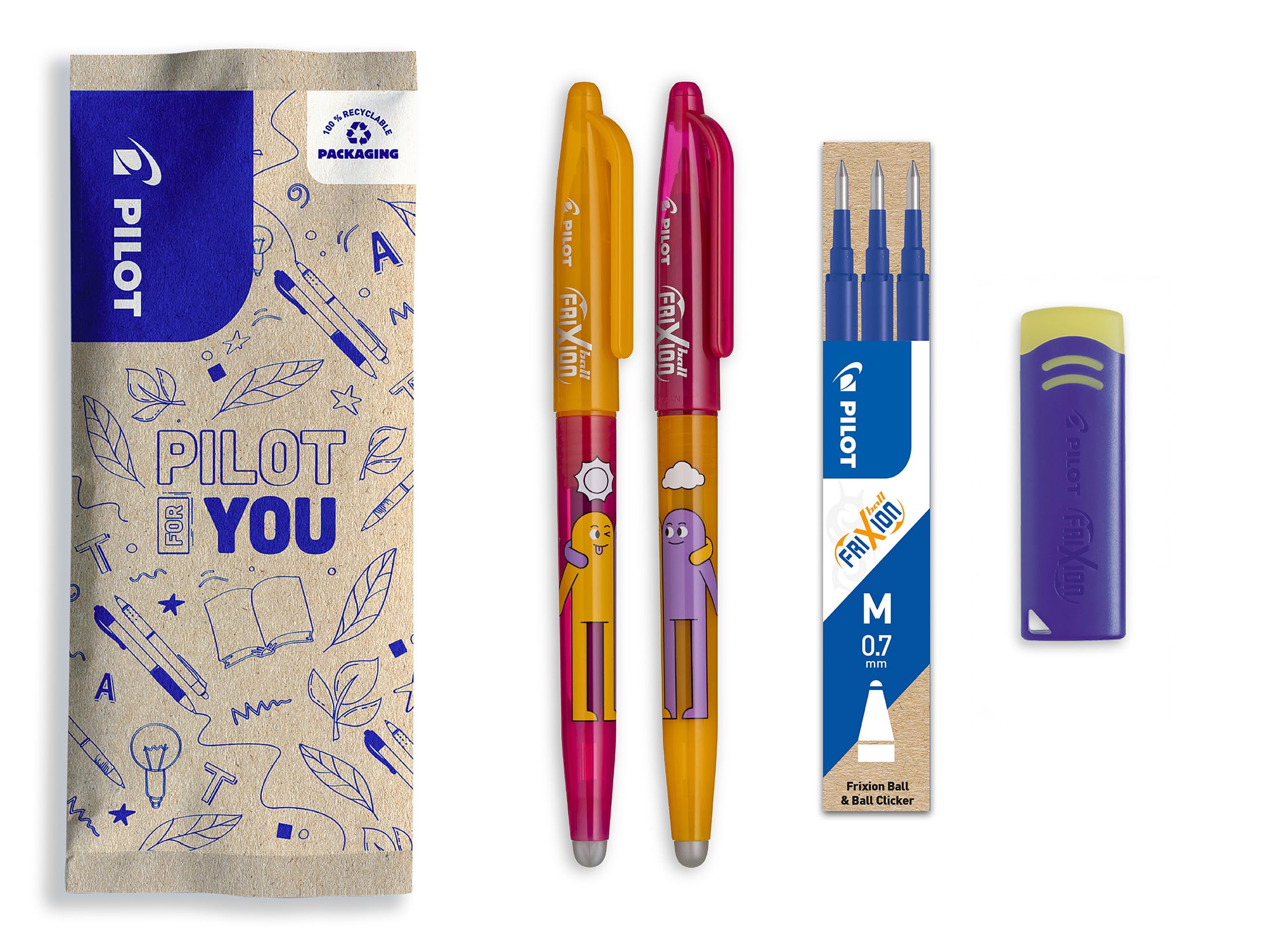 PILOT - Set of 2 FriXion Ball + 3 Refills + Free Eraser - Cute Erasable Pens - Limited Edition Friends, Friendship Pen - Refillable - Blue Ink - Medium Tip