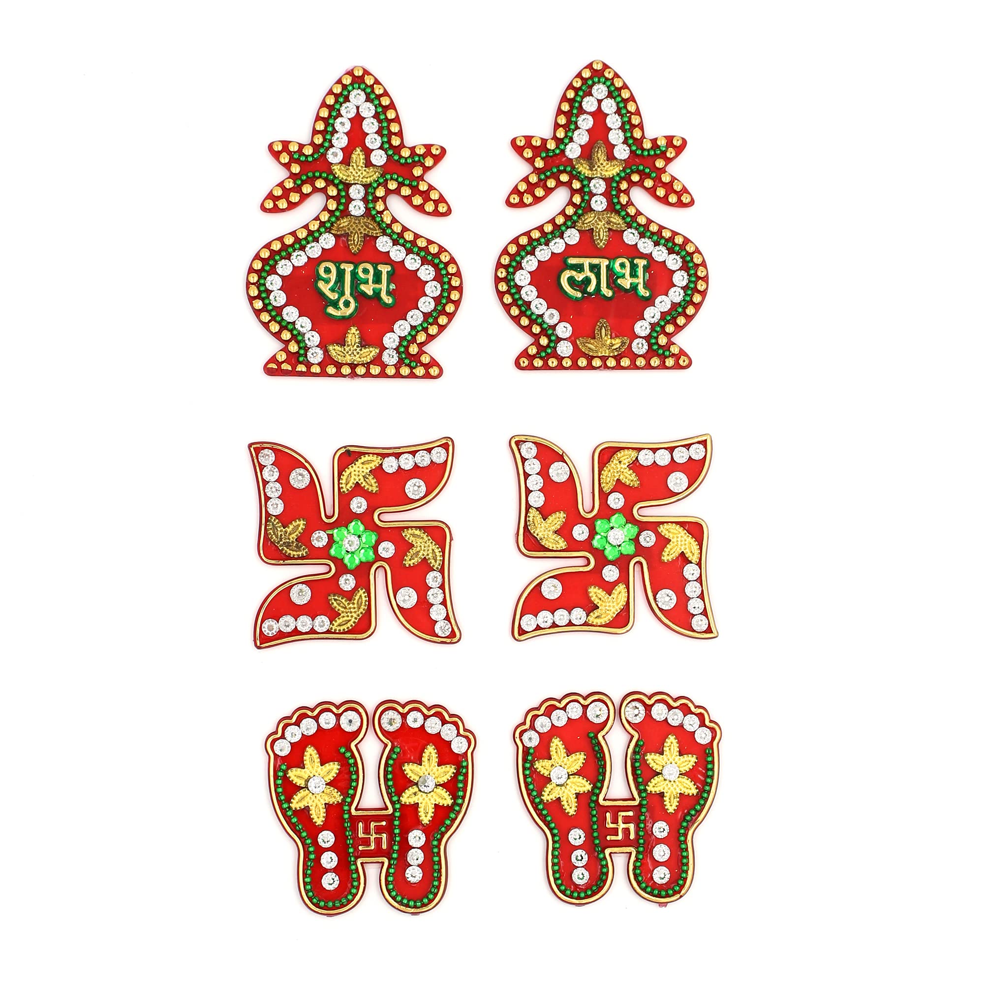 Macsen Acrylic Designer Shubh Labh Sticker, Swastika and Laxmi Charan Paduka for Door and Wall Decoration, Diwali Decor Set - 6 Piece (Set of 3) (Light Green)