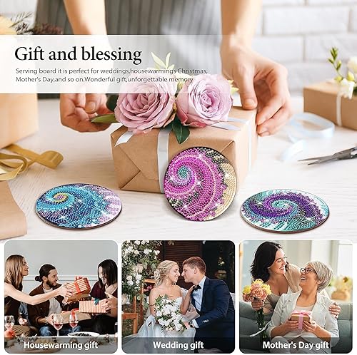 Miniatura 7 de Juego de 8 posavasos de pintura de diamantes coloridos con soporte, posavasos de arte de diamante para bricolaje, posavasos antideslizantes para