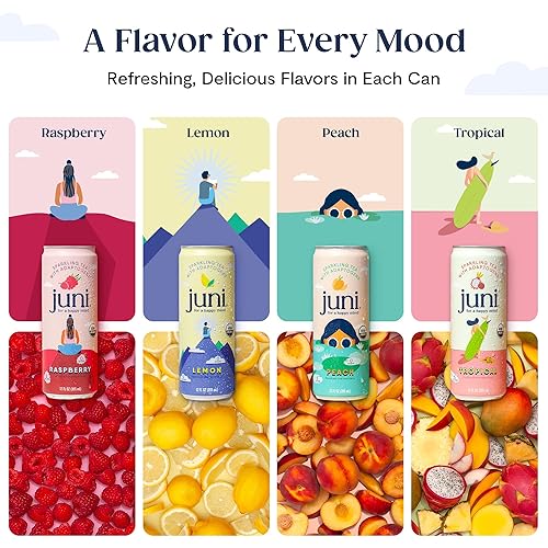 Miniatura 6 de Juni Té espumoso con adaptógenos, cero azúcar, 5 calorías, orgánico, té helado, cafeína natural de té verde, vegano, bebida adaptógena, latas de 12