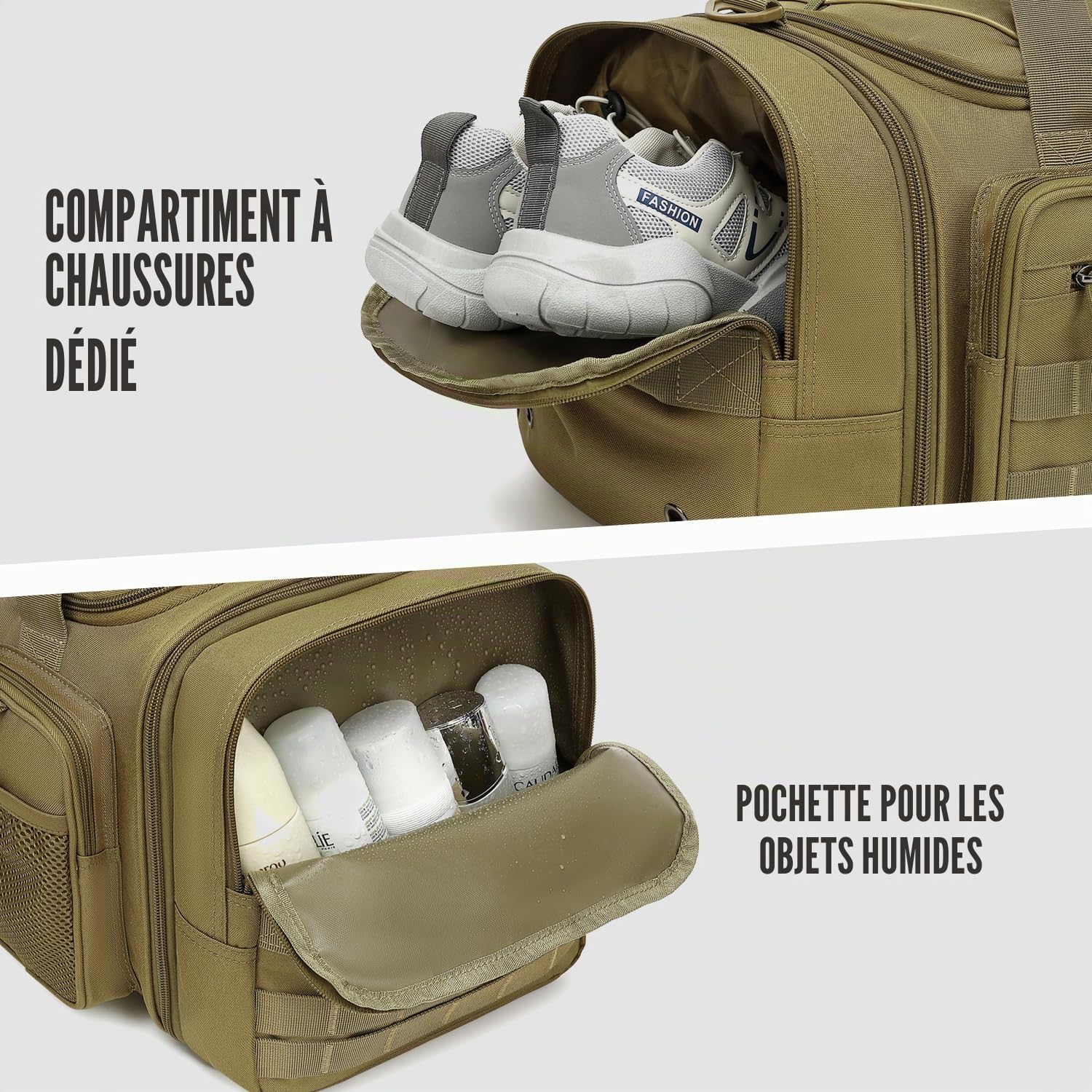 Sac de Sport Tactique pour Homme 40-45L Extensible Sac Fitness avec Bretelles et Compartiment à Chaussures 3 en 1 Sac de Voyage Militaire pour Natation Gym Camping Marron