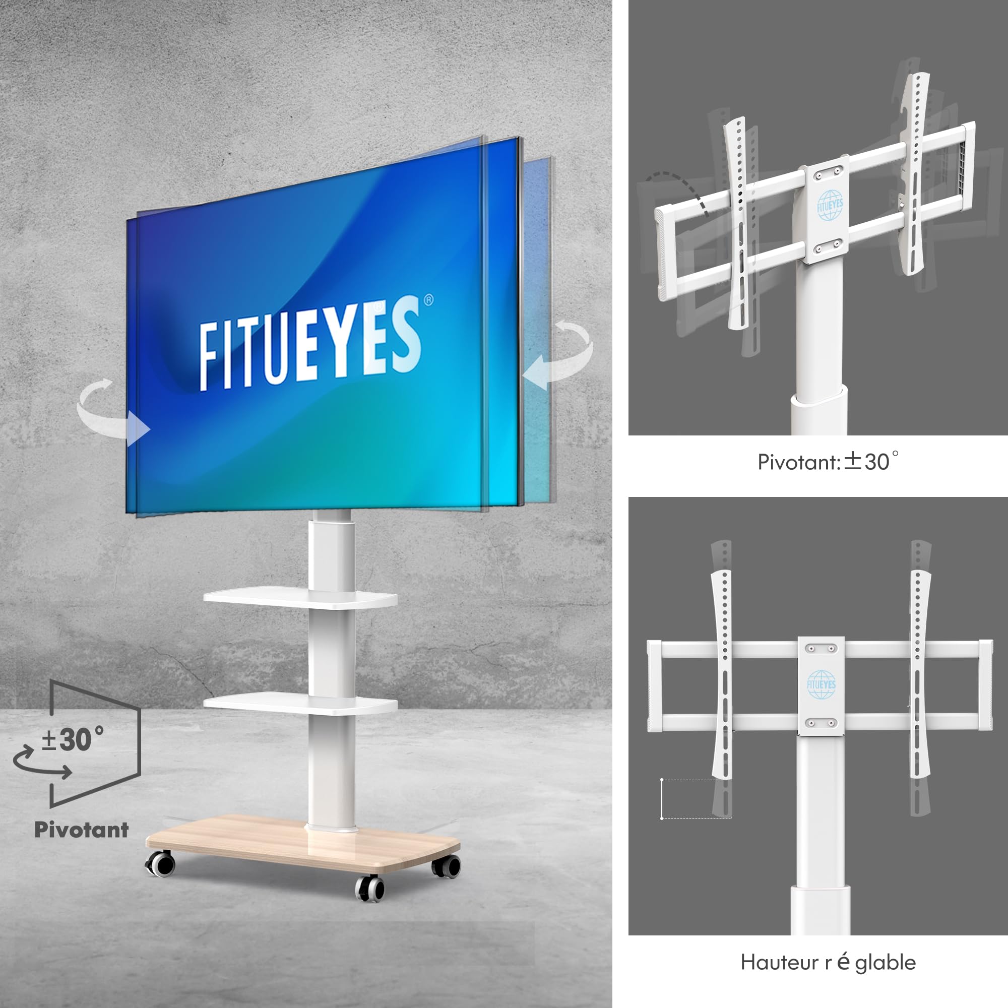 FITUEYES Support TV roulettes avec Pied en Bois pour TV de 32 à 70 Pouces,Support TV sur Pied 6 Réglables en Hauteur Pivotant 60° jusqu'à 40 KG- Max VESA 600X400 MM-Gestion des câbles