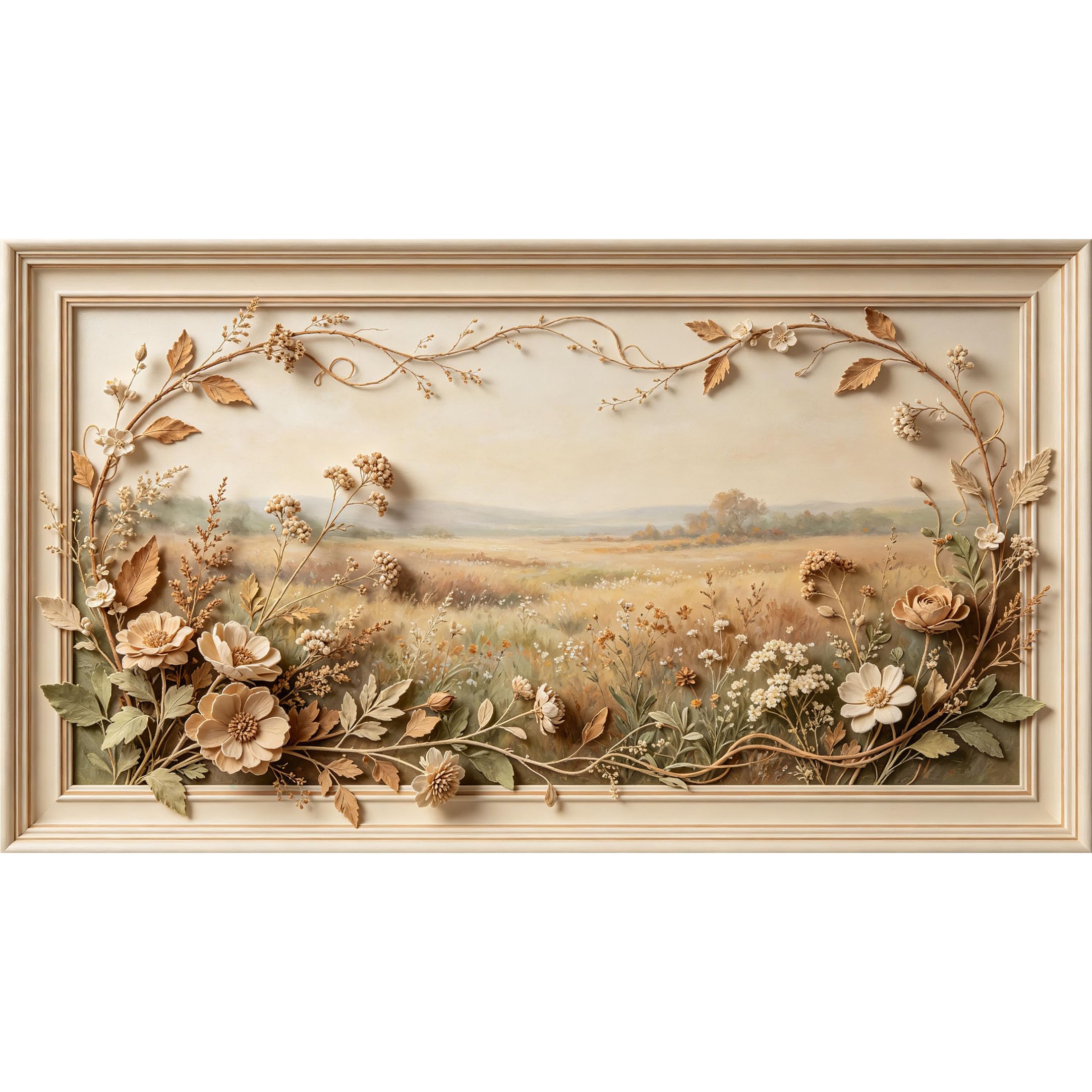 QZLITHOTIC 50×90cm3D Framed Wall Art， Botanical Wildflower Meadow Landscape SelfAdhesive Mural， WaterActivated Peel & Stick Fabric Decor Wall Decal for Bedroom Living Room