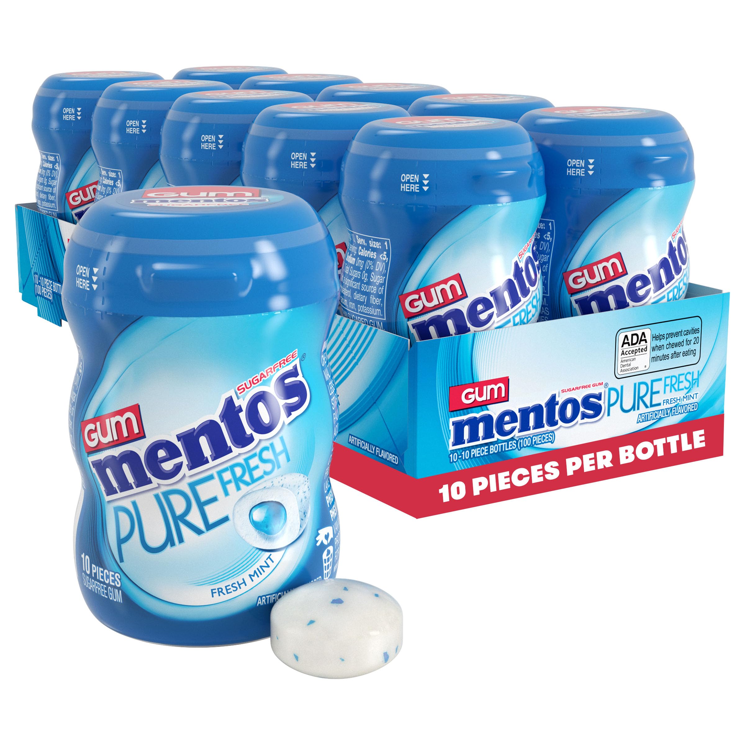 Mentos Pure Fresh Sugar‑Free Chewing Gum with Xylitol, Fresh Mint, Mini Nano Bottles, Miniature Pack Size, 10 Pieces (Pack of 10)