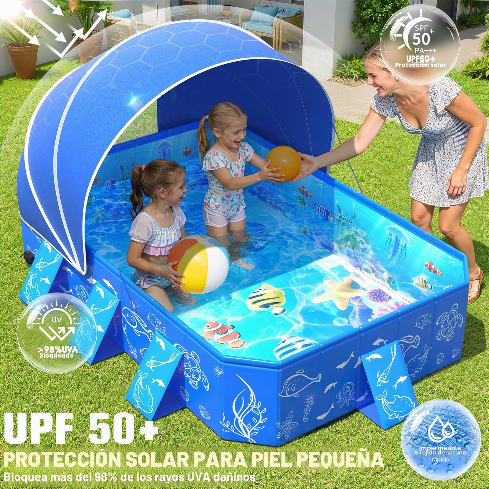 KingSom Piscina Rectangular para Niños con Toldo Solar, Piscina para Niños Plegable, Piscina Desmontable para Bebés, Anti-UV, Fácil de Guardar, Piscina Familiar para Jardín o Playa, 135 x 102 x 31 cm