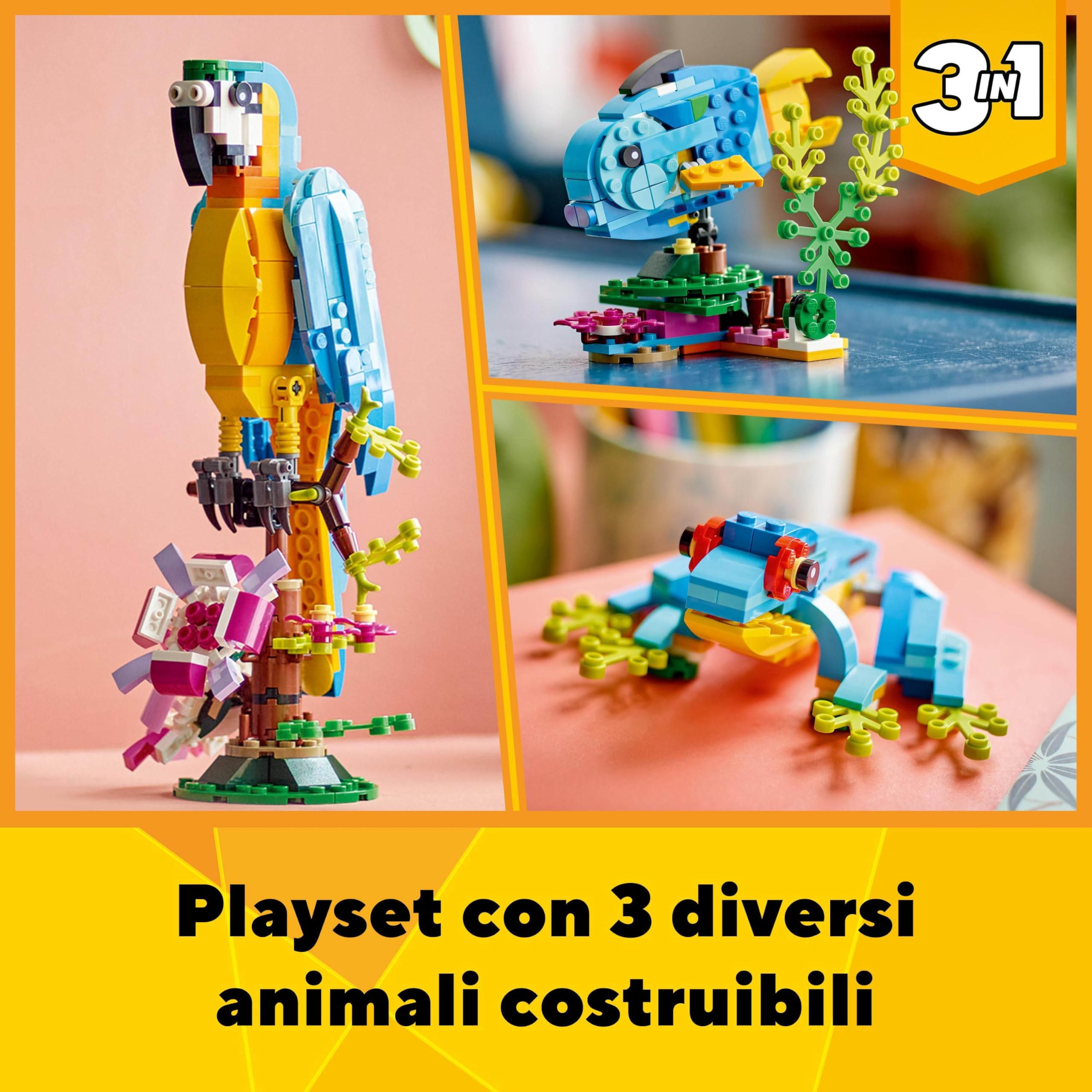 LEGO 31136 Creator Pappagallo Esotico, Set 3 in 1 con Pesce e Rana, Animali Giocattolo per Bambini da 7 Anni in su, Giochi Creativi con Figure della Giungla