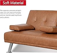 Vista 7 de YAHEETECH - Sofá cama tipo futón de cuero sintético, 2 puestos, sofá con espaldar reclinable y portavasos, cama para invitados