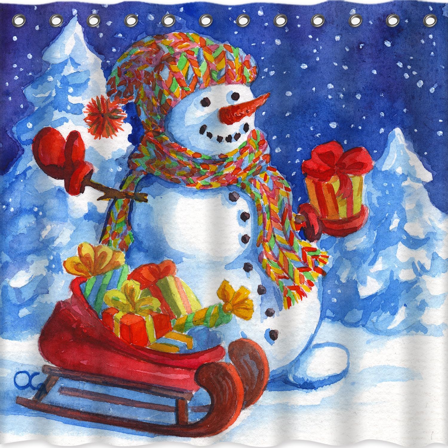 Christmas Shower Curtains Red Blue Cute Snowman Snowy