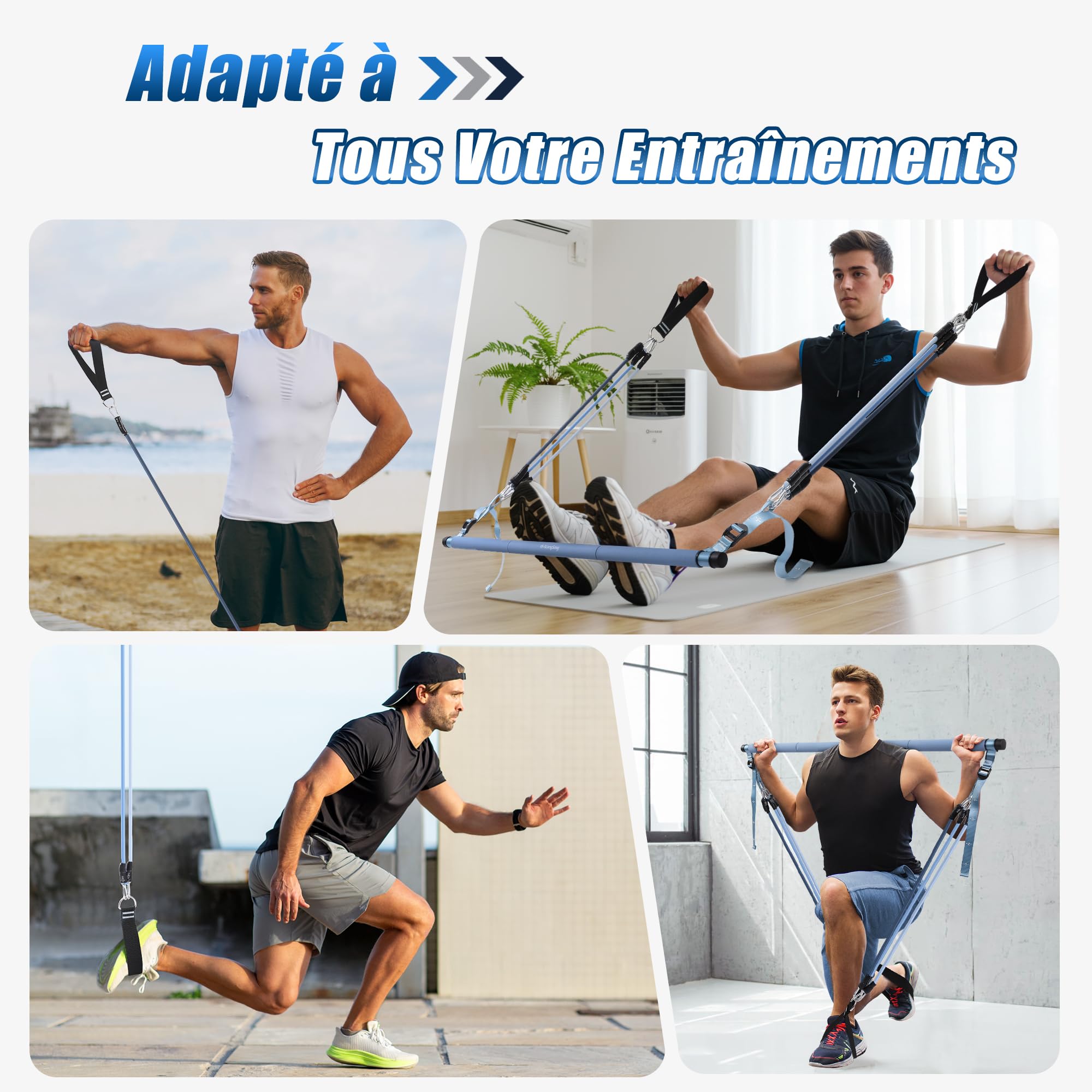 ALongSong Elastiques Musculation Sport Maison - Kit Barre de Pilates pour Homme Femme avec 6 Bandes de Résistance Élastique 20-180Lbs & Ancrage de Porte pour Complet Entraînement Yoga/Musculation