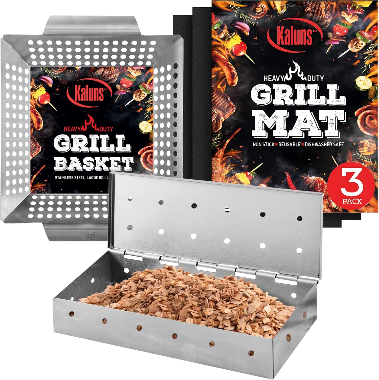 Kaluns Full Grill Accessories bundle set includes Grill Basket For Veggies, Smoker Box, 3 pack Grill Mat