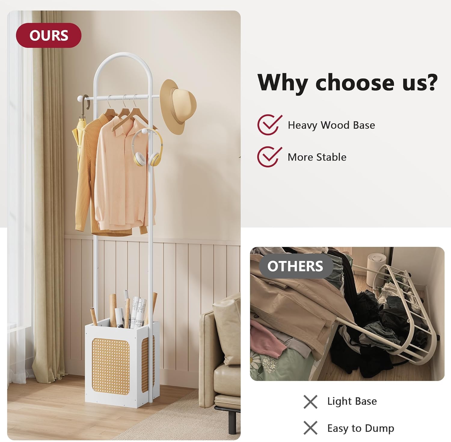 Tajsoon Coat Rack Freestanding, Coat Stand with Wooden Storage Basket, Coat Tree with 6 Hooks, Rattan Coat Hanger Stand for Living Room, Bedroom, Office, White