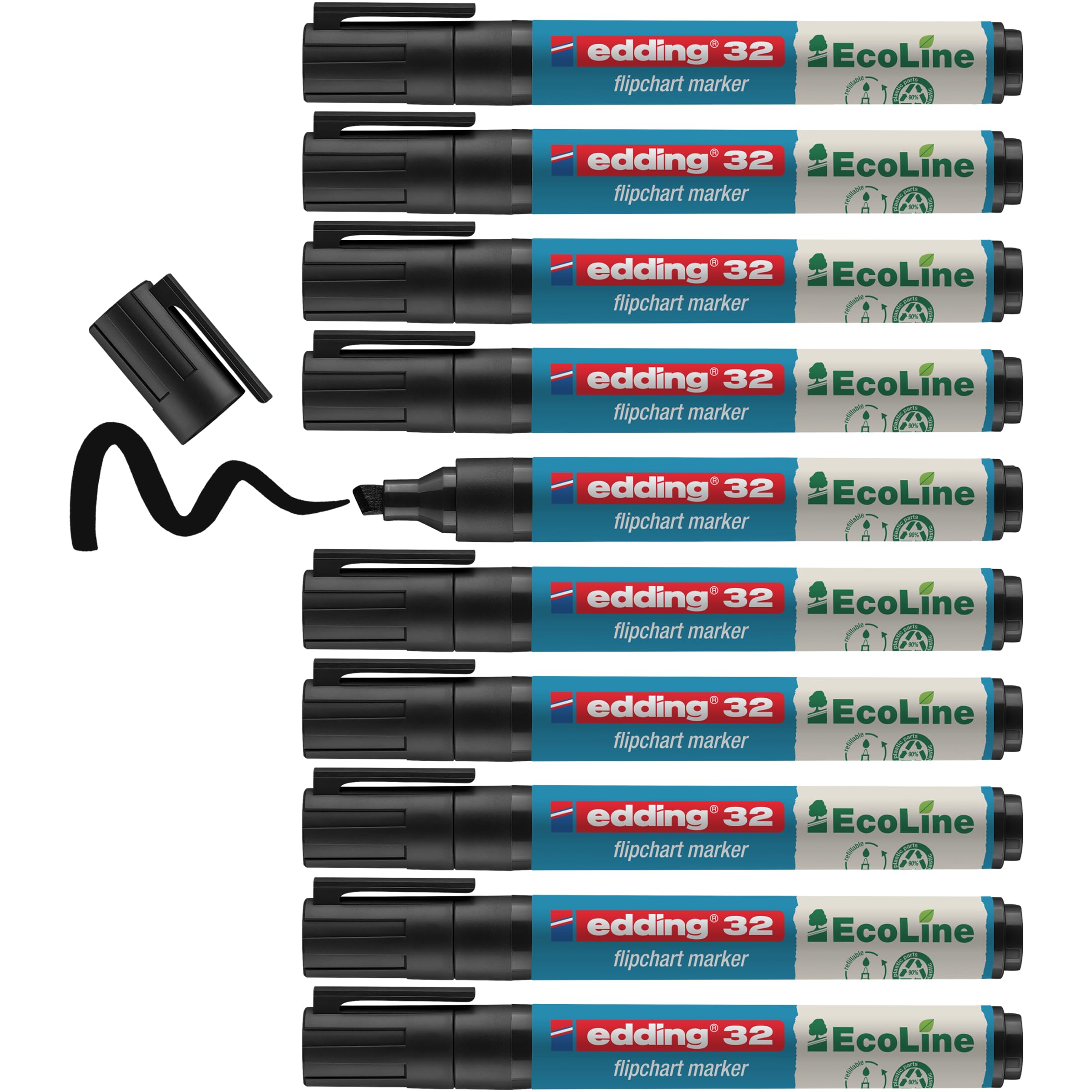 edding 32 EcoLine Flipchartmarker - schwarz - 10 Stifte - Keilspitze 1-5 mm - zum Schreiben, Zeichnen auf Flipcharts - Tinte schlägt nicht durch Papier - trocknet nicht aus - nachfüllbar