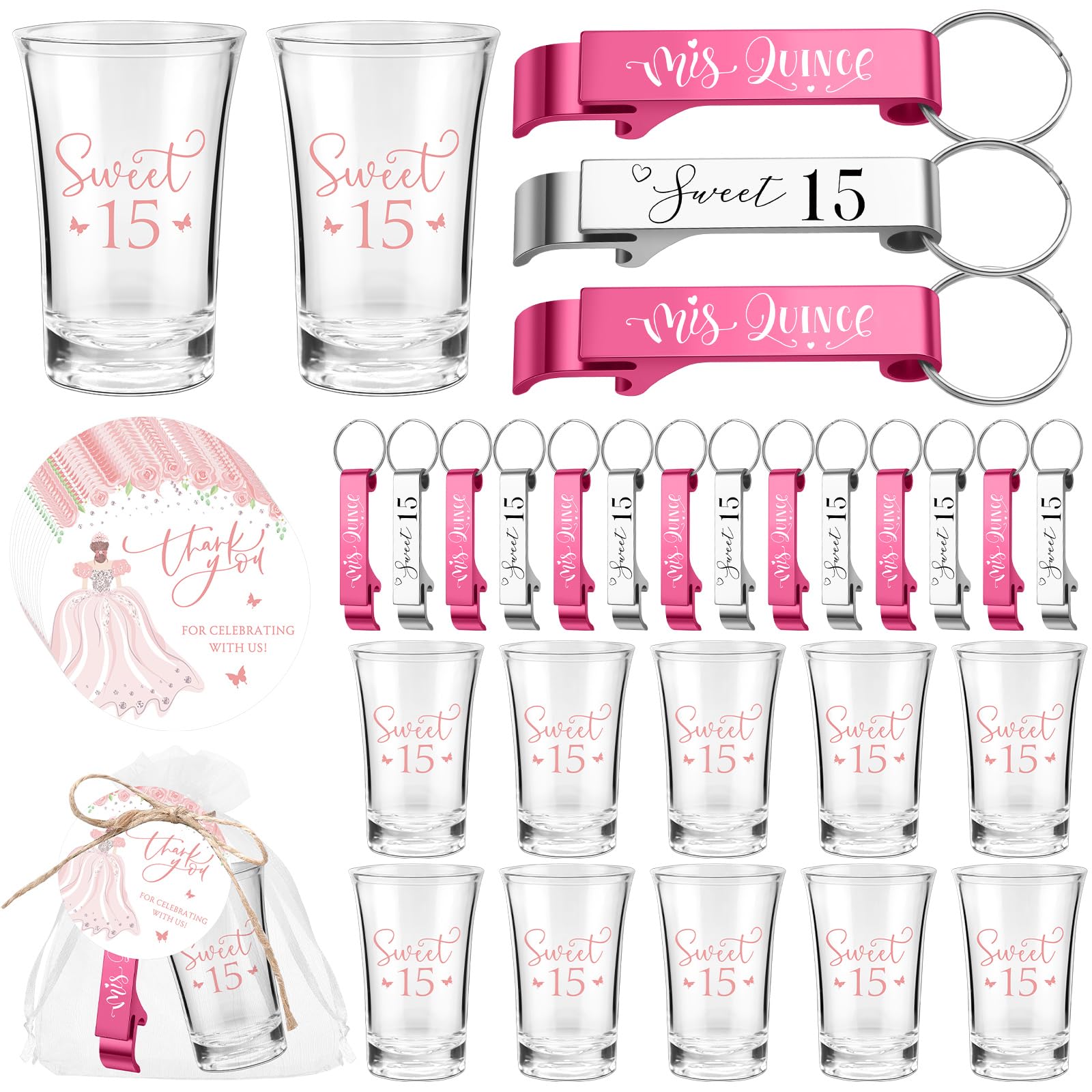 SiliFine 30 Set Quinceanera Party Favors for Guests Sweet 15th Acrylic Shot Glasses Bottle Opener Keychain Organza Bags Thank You Cards Rope Quinceanera Gift for 15th Birthday Party Favor (Pink)