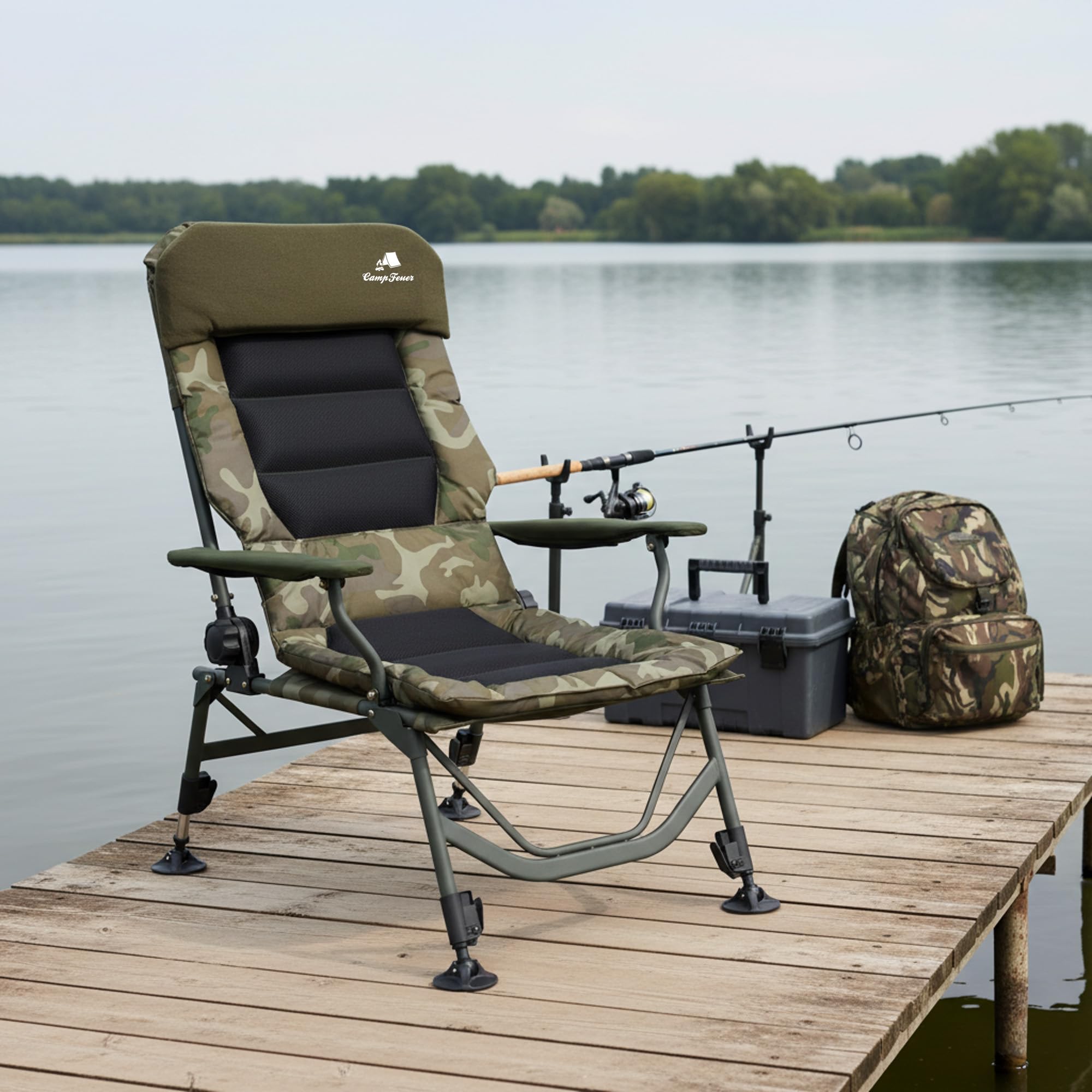 CampFeuer Sedia Pesca Camouflage Verde Oliva | Sedia Campeggio Regolabile Altezza | Poltrona Carpfishing Pieghevole con Cuscino | Sedia Outdoor Viaggio per Campeggio, Tenda, Pesca | Carp Chair