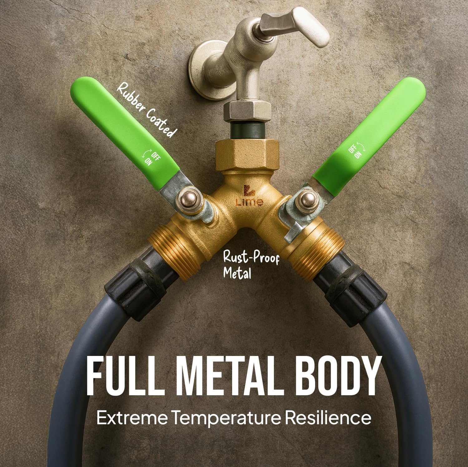 2-Way Hose Splitter – Heavy Duty Brass Y Connector with Stainless Steel Rubbered Handle, 3/4” GHT Thread – Full Flow Garden Hose Splitter for Outdoor Faucets