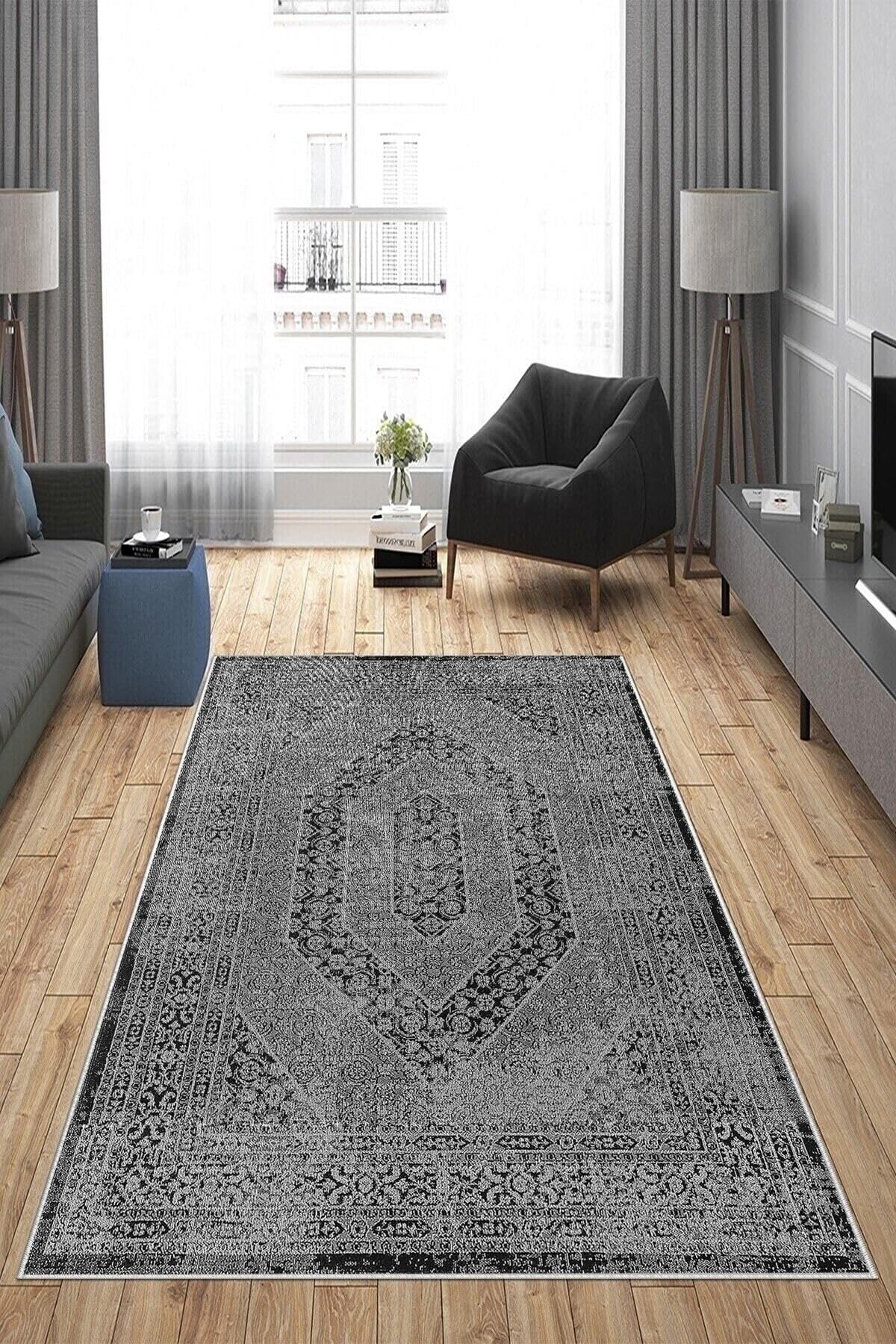 Pelangi Gri Zemin Eskitme Desenli Yıkanabilir Kaymaz Taban Leke Tutmaz Modern Salon Halısı Ve Yolluk, Antrasit 100 x 350, 74571187100350728