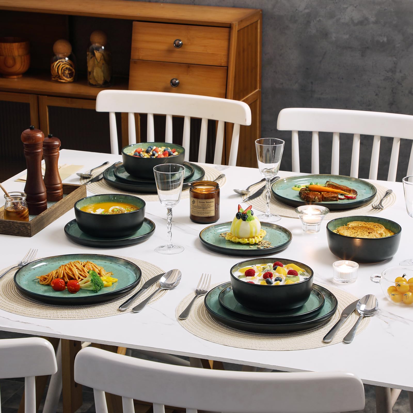vancasso AMBER Servizio Piatti per 12 Persone, Set Piatti Moderni 36 Pezzi in Gres - 12 Piatti Piani, 12 Piatti Dessert e 12 Ciotole Cereali - Adatto per Lavastoviglie e Microonde - Smalto Verde