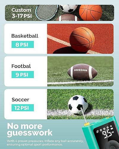 Miniatura 4 de ETENWOLF Bomba de bola eléctrica de inflado y desinflado de 2 a 17 PSI, bomba de baloncesto con manómetro preciso, bomba de aire recargable