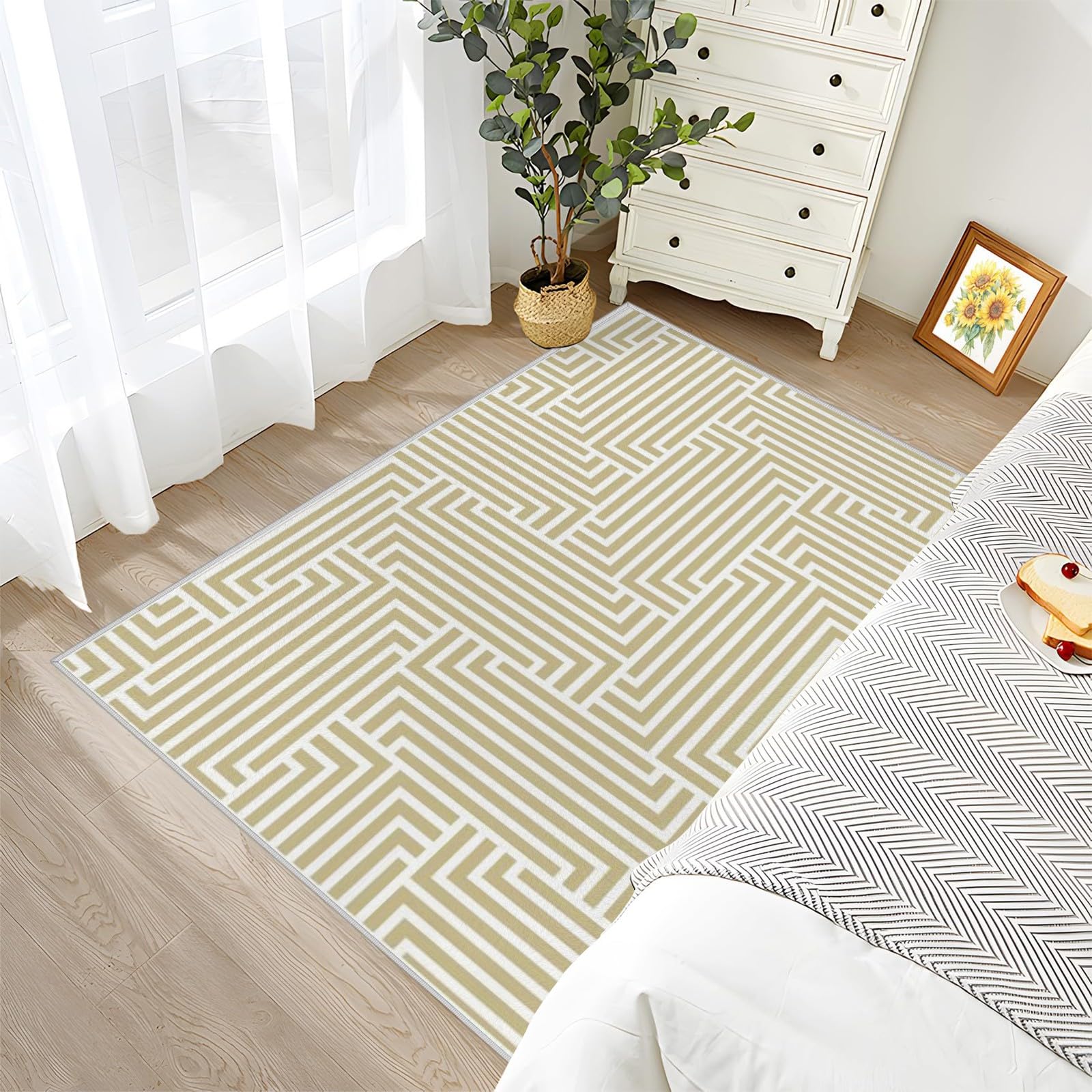 Labyrinth Waschbarer Kurzflor Teppich 160x230 cm – Groß & rutschfest, Vintage Teppiche, Ideal für Wohnzimmer & Esszimmer QJ72