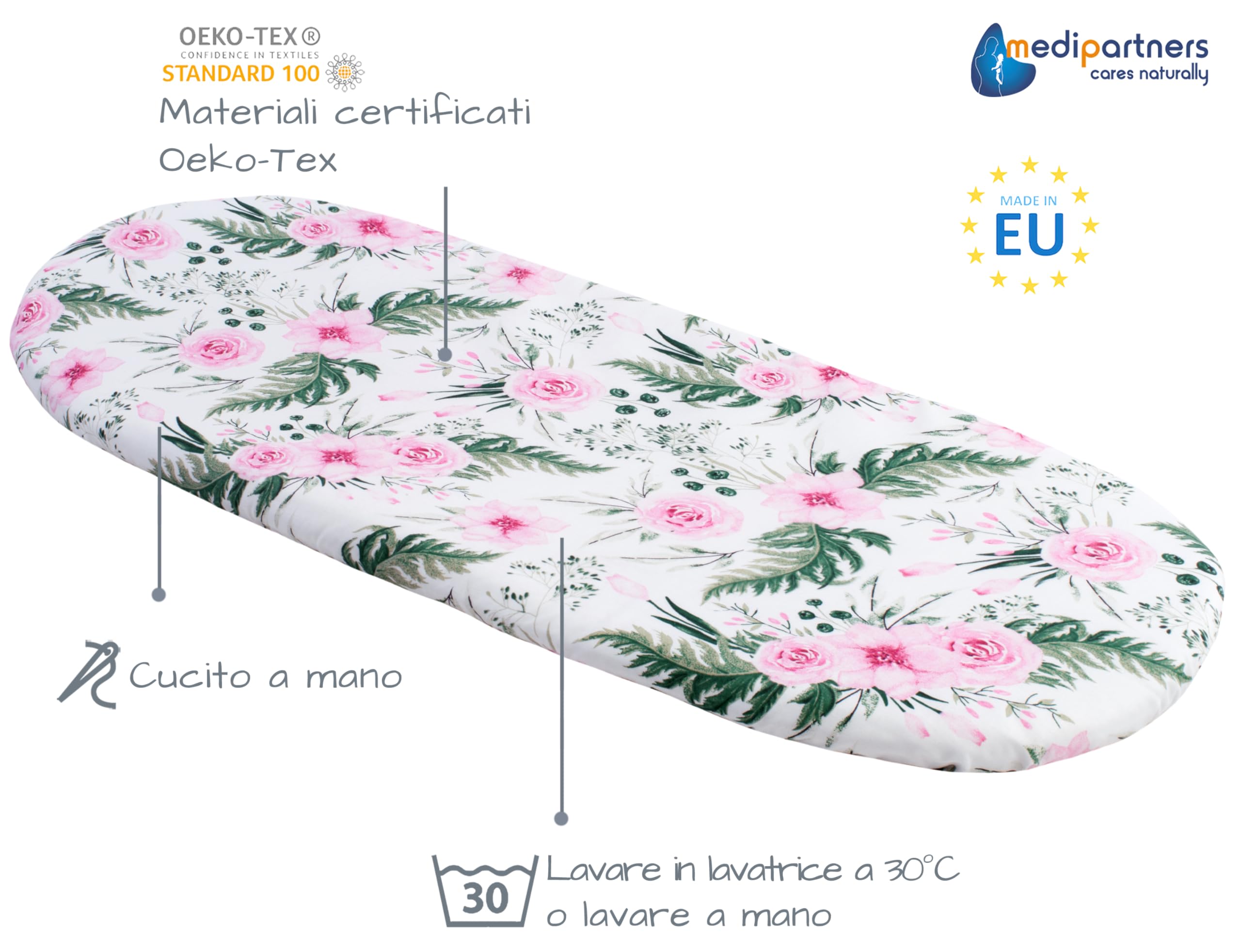 Medi Partners Lenzuola Lettino Culla 86x40 Set 3 Lenzuolo Navicella Neonato Carrozzina con Angoli - 100% Cotone Passeggino Materasso Fitted Sheet Coprimaterasso (Fiori Rosa-Bianco-Grigio)