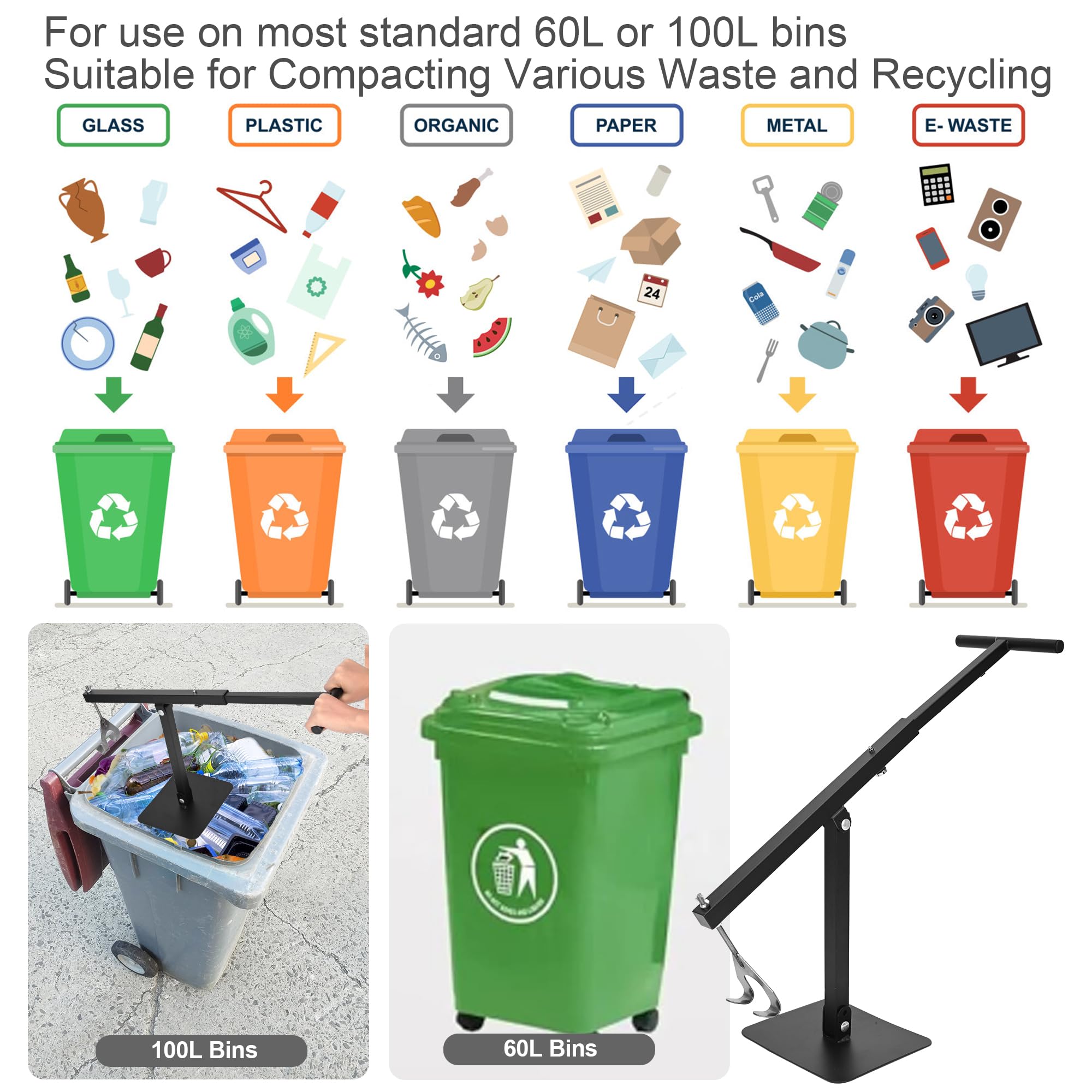 iKare Manual Trash Compactor for 60-100L Bins, Portable for Kitchen and Fast Food Restaurant, Waste Bin Compactor - 5