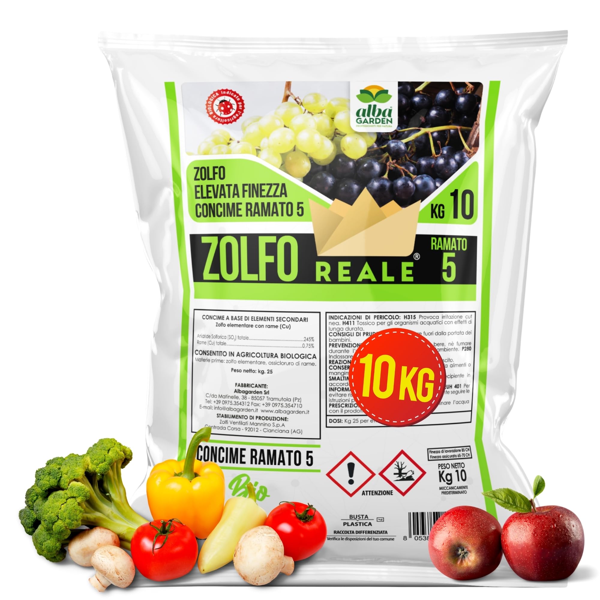 Albagarden - Zolfo Ramato in Polvere x 10 Kg, Concime a Base di Zolfo + Ossicloruro di Rame - Biologico, Contro Oidio Mal Bianco Peronospora Ticchiolatura