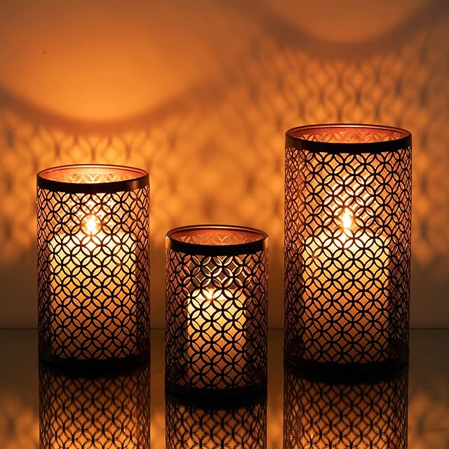 Romadedi Candle Holder Set of 3 Metal for Pillar Candle Hurricane Bronze Candlestick Holder Retro, Wedding Party Home Mantel Dining Table Centerpiece Decoration Indoor Outdoor, Black & Gold