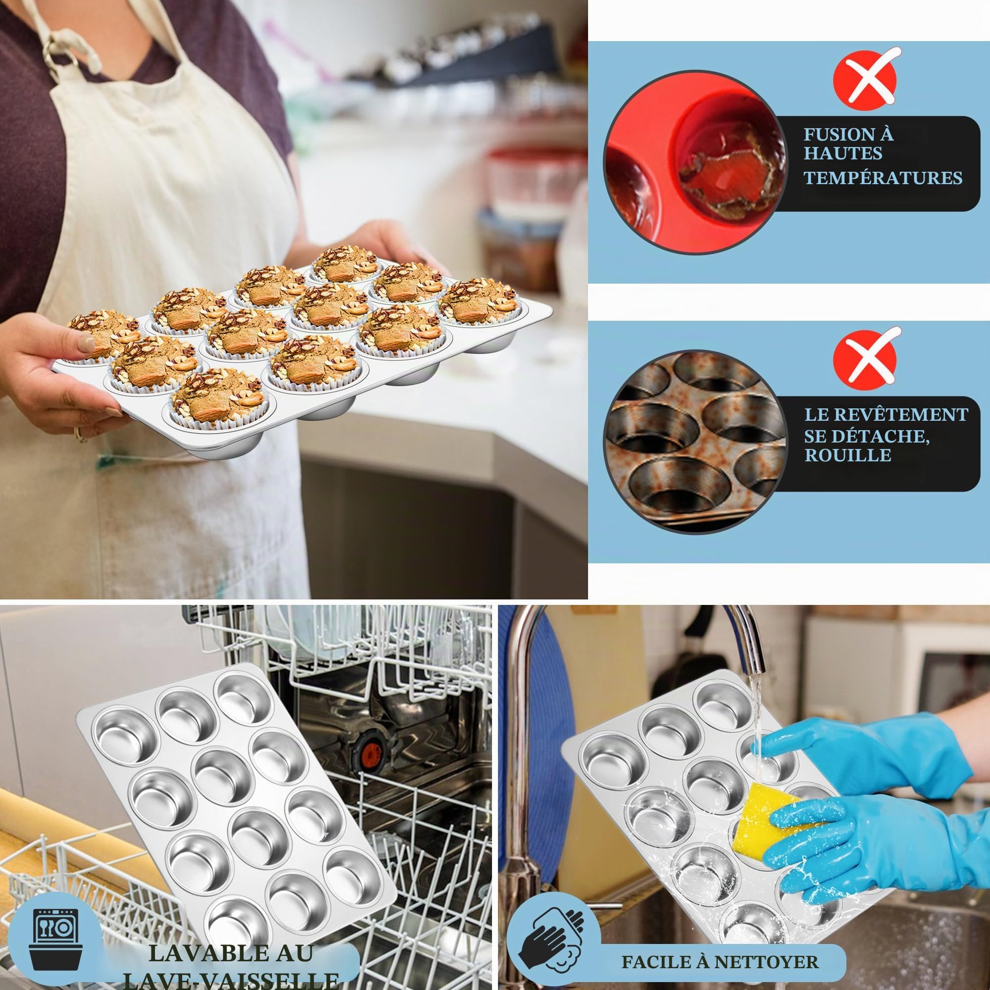 HaWare Moule à muffins en acier inoxydable pour 12 muffins, 35 x 26,5 cm, 3 cm de profondeur, grands moules à muffins pour cupcakes, brownies, gâteaux, pudding, non toxique et sain, passe au