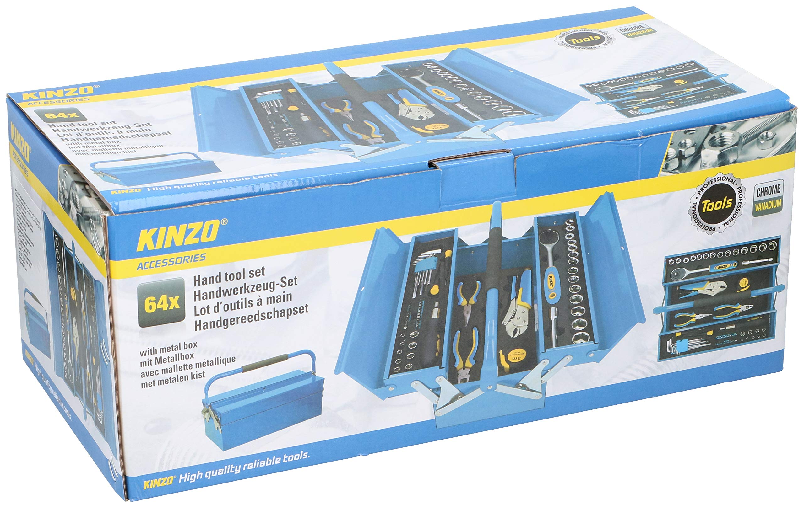 KINZO Maletín de herramientas de 64 piezas, herramientas domésticas en caja de herramientas de metal, acero CRV, color azul