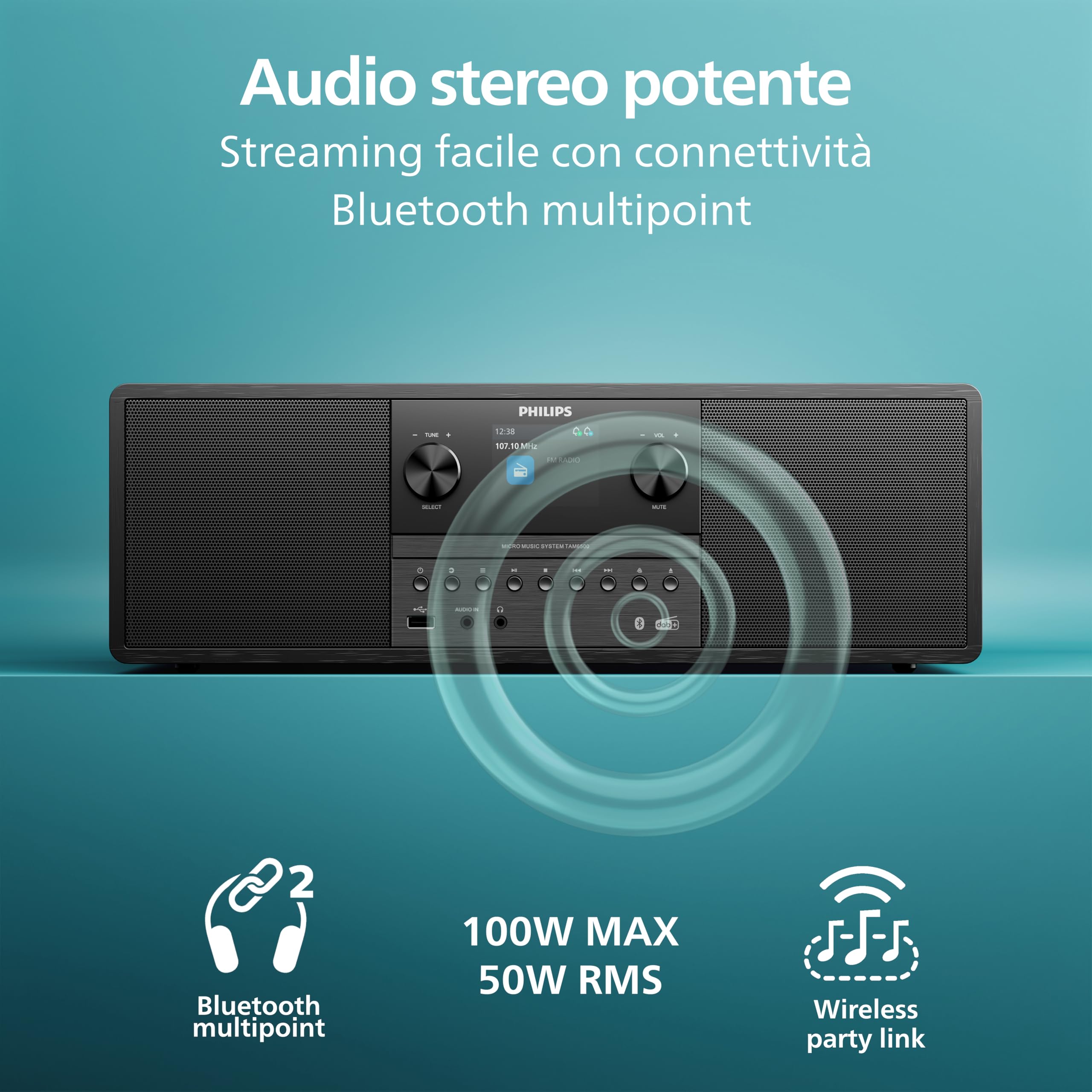 Philips TAM6500/10 Sistema musicale micro 100 Watt Bluetooth 6.0 Auracast Radio DAB+/FM CD USB Ingresso audio Altoparlanti Bass‑Reflex Display a colori Telecomando Plastica riciclata Nero