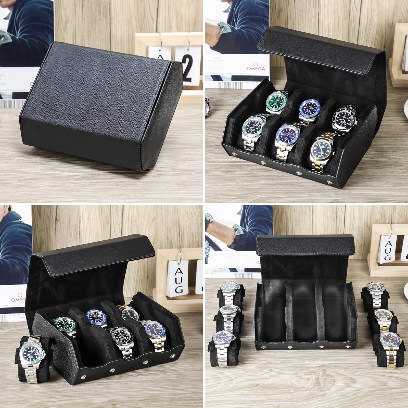 Hiram Scatola portaoggetti per orologi, in vera pelle, esagonale, per 6 orologi, protettiva, per orologi (nero)