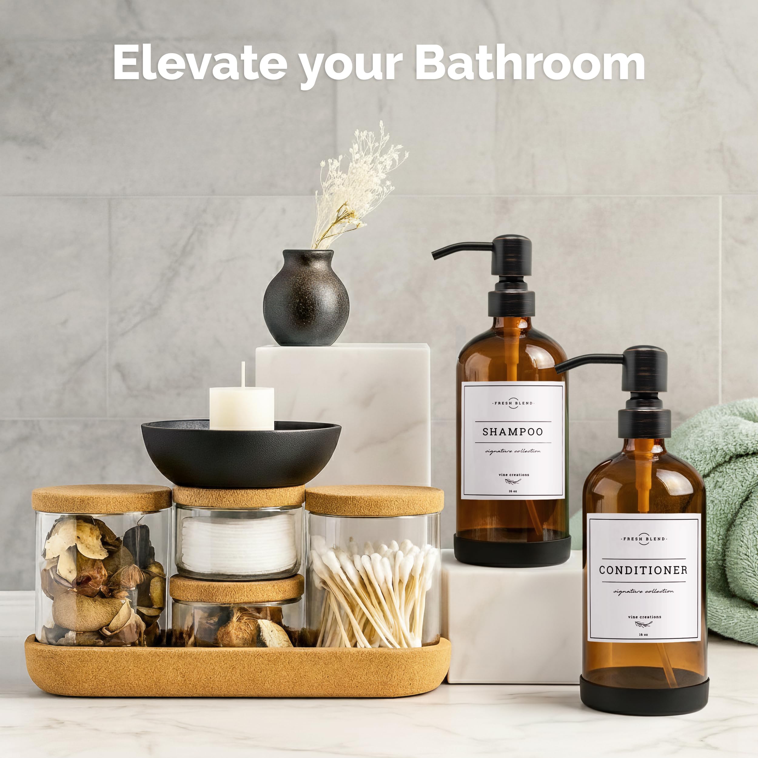 Vine Creations, 2er-Pack Seifenspender-Set für die Küche mit Edelstahlpumpe, Amberglas, 475 ml, Handseifenspender für das Badezimmer, Geschirrseifenspender für die Küche mit Wasserdichten Etiketten