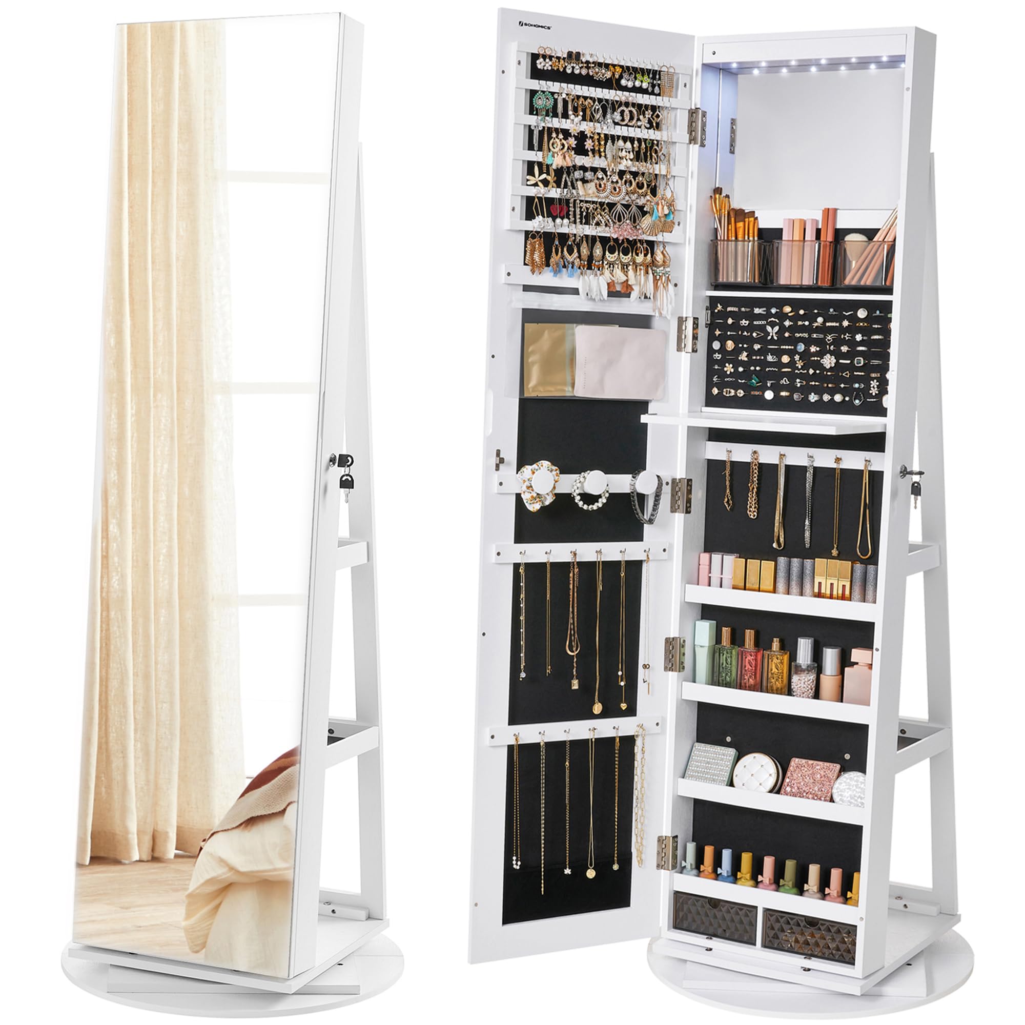 Photo 1 of ***DAMAGED - SEE NOTES/PICTURES*** SONGMICS 6 LEDs Lockable Mirror Jewelry Cabinet, 360° Swivel Jewelry Organizer Armoire Standing, Frameless Full-Length Mirror, 3 Storage Shelves, White Surface, Black Lining UJJC007W01