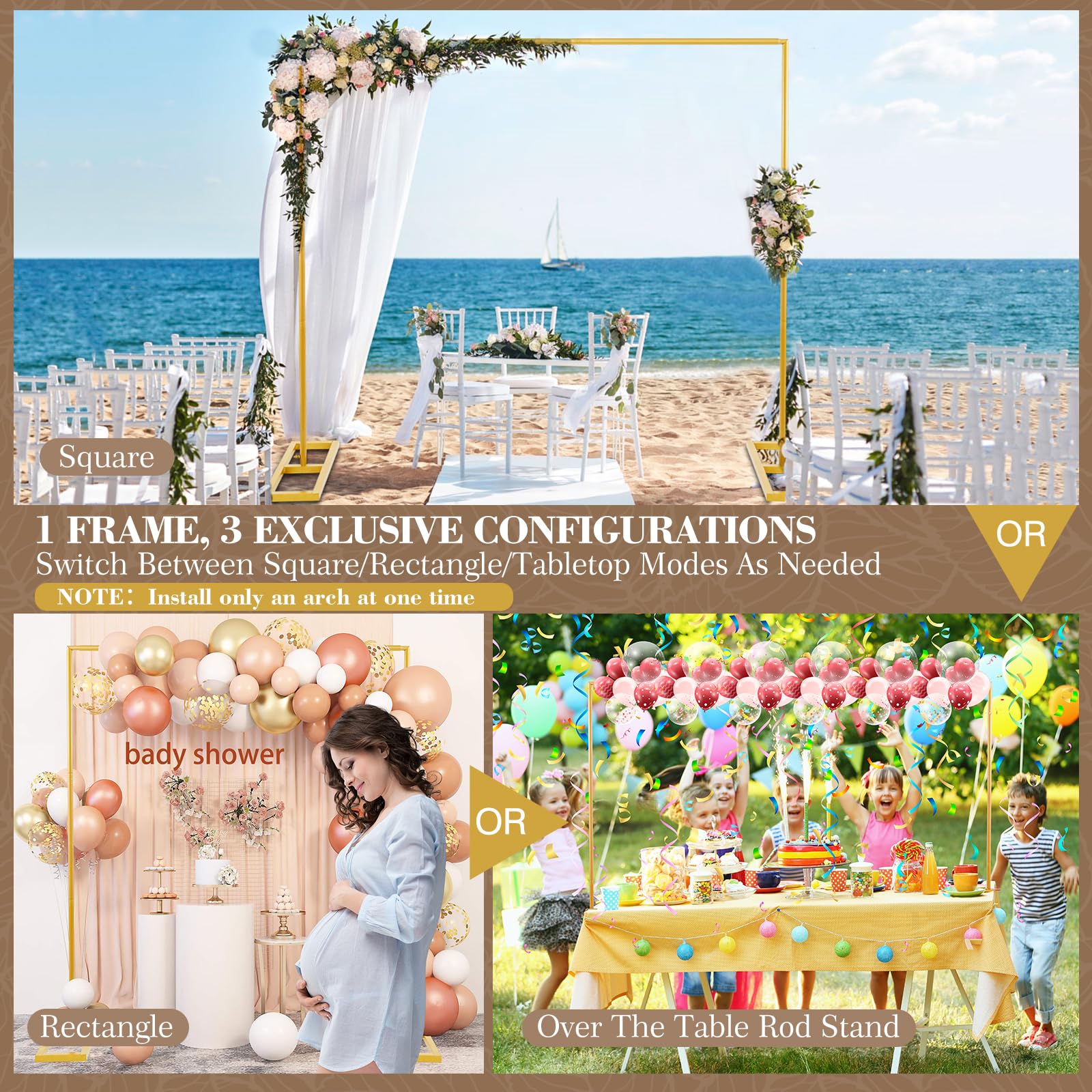 Square Balloon Arch Stand, 8.2FT Wedding Arch, Metal Gold Heavy Duty Backdrop Adjustable Stand, Extra 2 Clamps Change Over The Table Rod Stand for Baby Shower Party Decoration, Garden Trellis Frame
