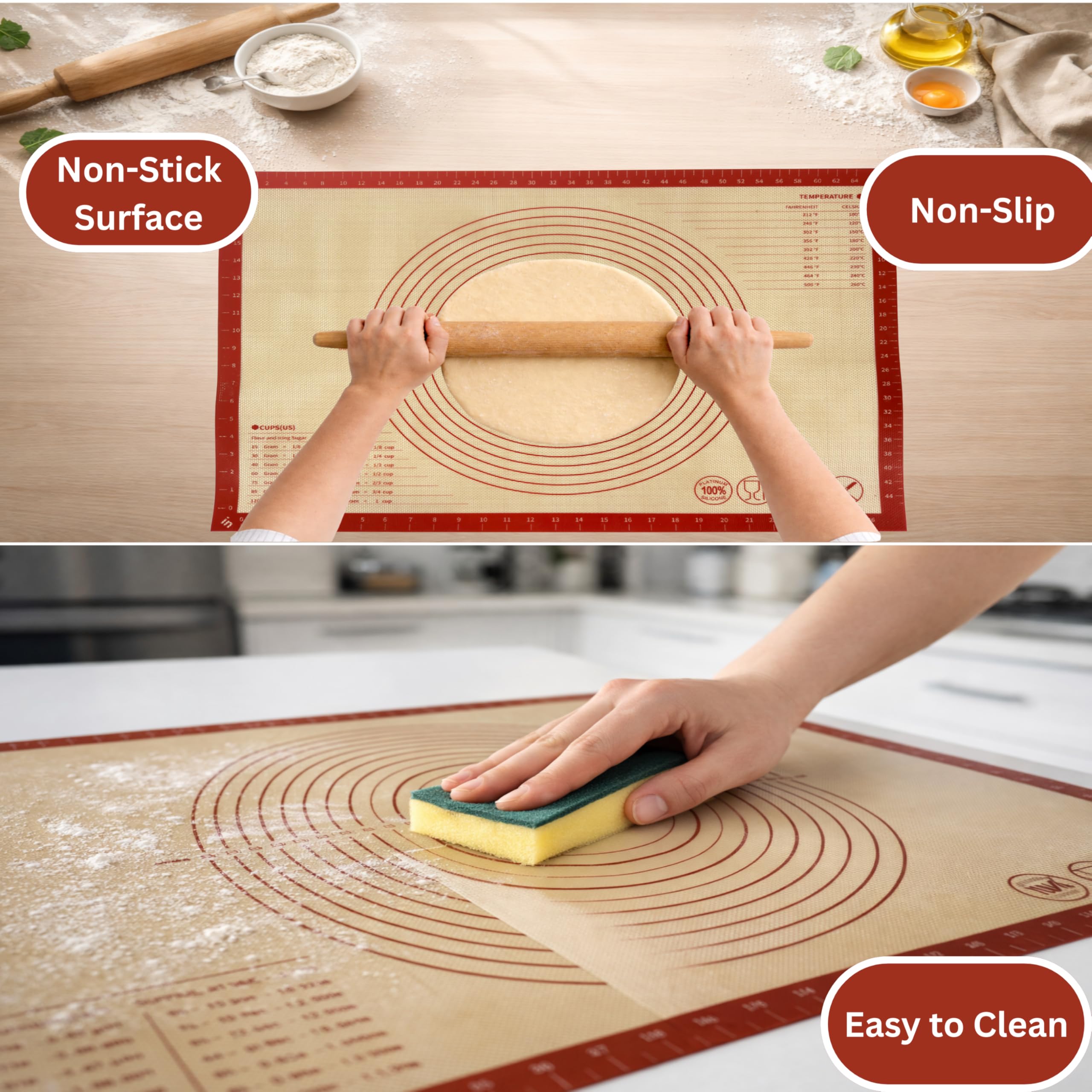 Tapis de pâtisserie en silicone avec mesures, 91,4 x 61 cm, extra épais, antidérapant, antiadhésif, XL, pour rouler la pâte, pétrir, fondant et tarte, rouge