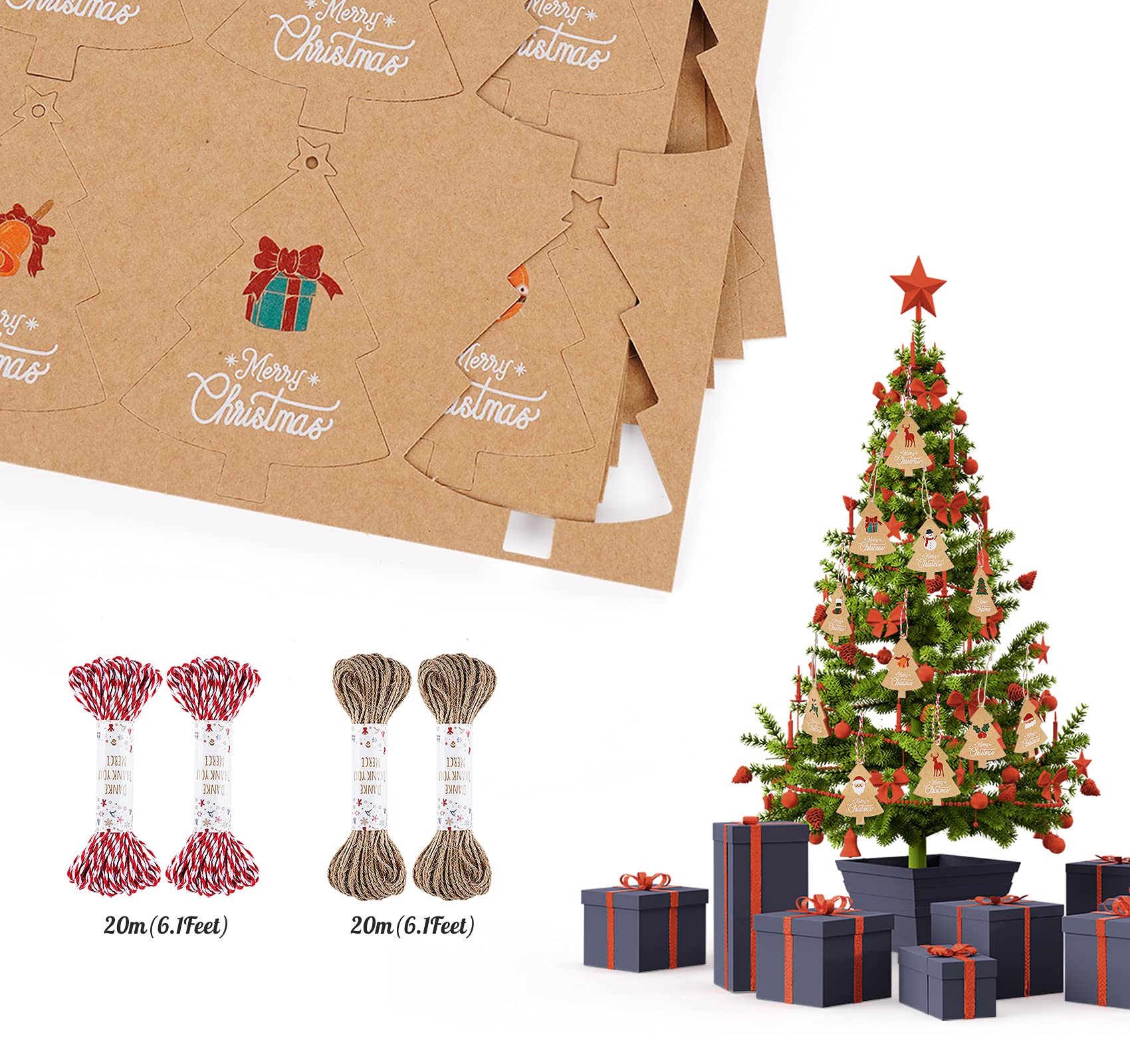 G2PLUS 100PCS Etichette in Carta Kraft, Etichette Regalo,Tag Regalo, Etichette per Regali Artigianali,con 20 Metri di spago di Iuta per Decorare L'Albero di Natale, Lavoro Fatto a Mano