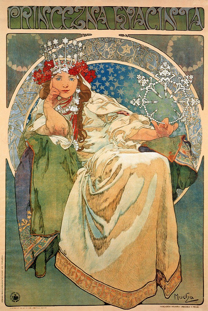 Ofa Princess Hyacinth, Reproduction 1911 Handcrafted Alfons Alphonse Mucha Art Nouveau Greeting Card / Note Paper; Approx. 8 X 6 Inches