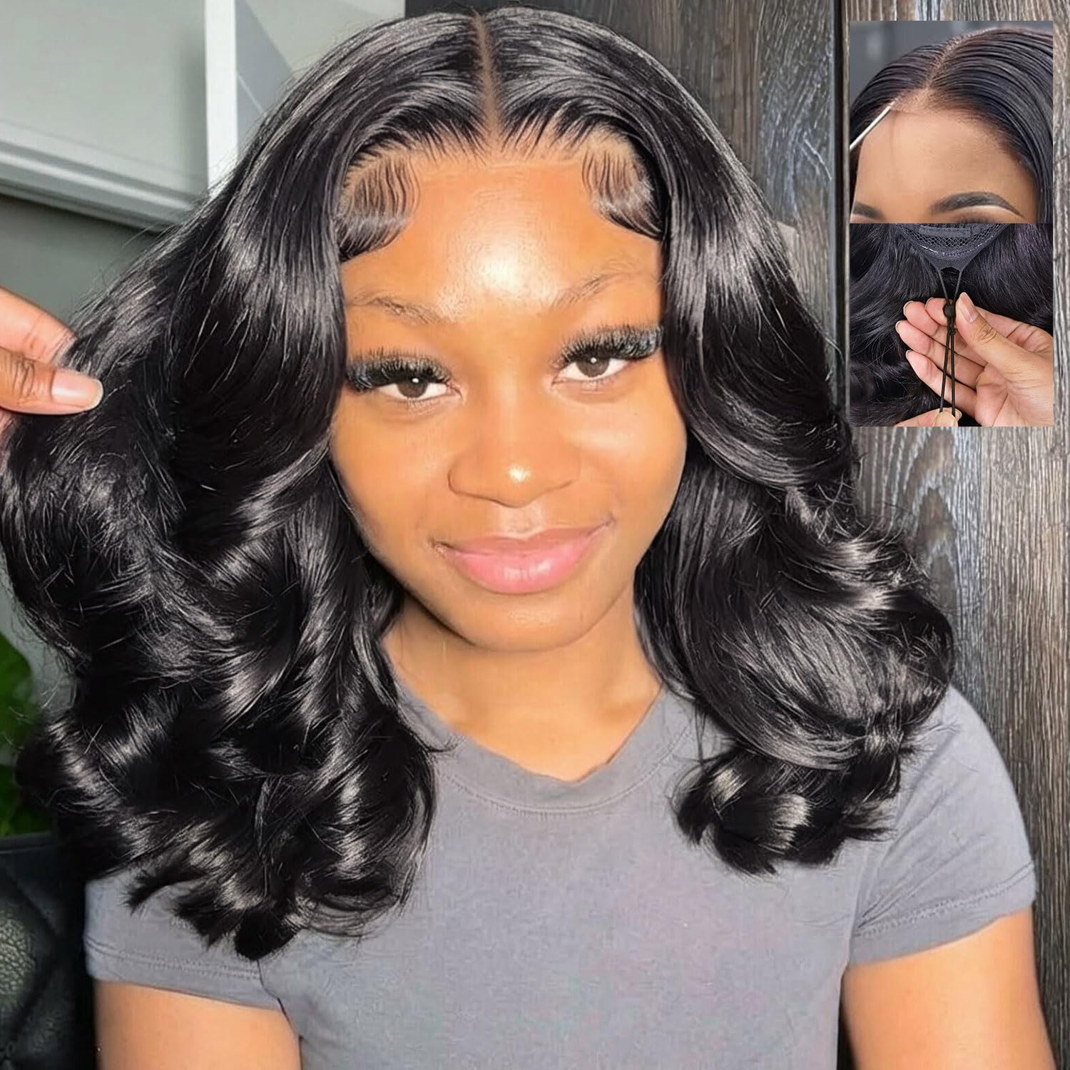 Drawstring 7x5 Glueless Body Wave Bob Wig Human Hair Pre Plucked Pre Cut 200% Density Wear And Go Glueless 5x5 Hd Lace Closure Wig Human Hair Wigs For Black Women 5 5 Closure Glueless Bob Wigs 14 Inch 14 Inch 1B Body Wave Bob Wig Human Hair