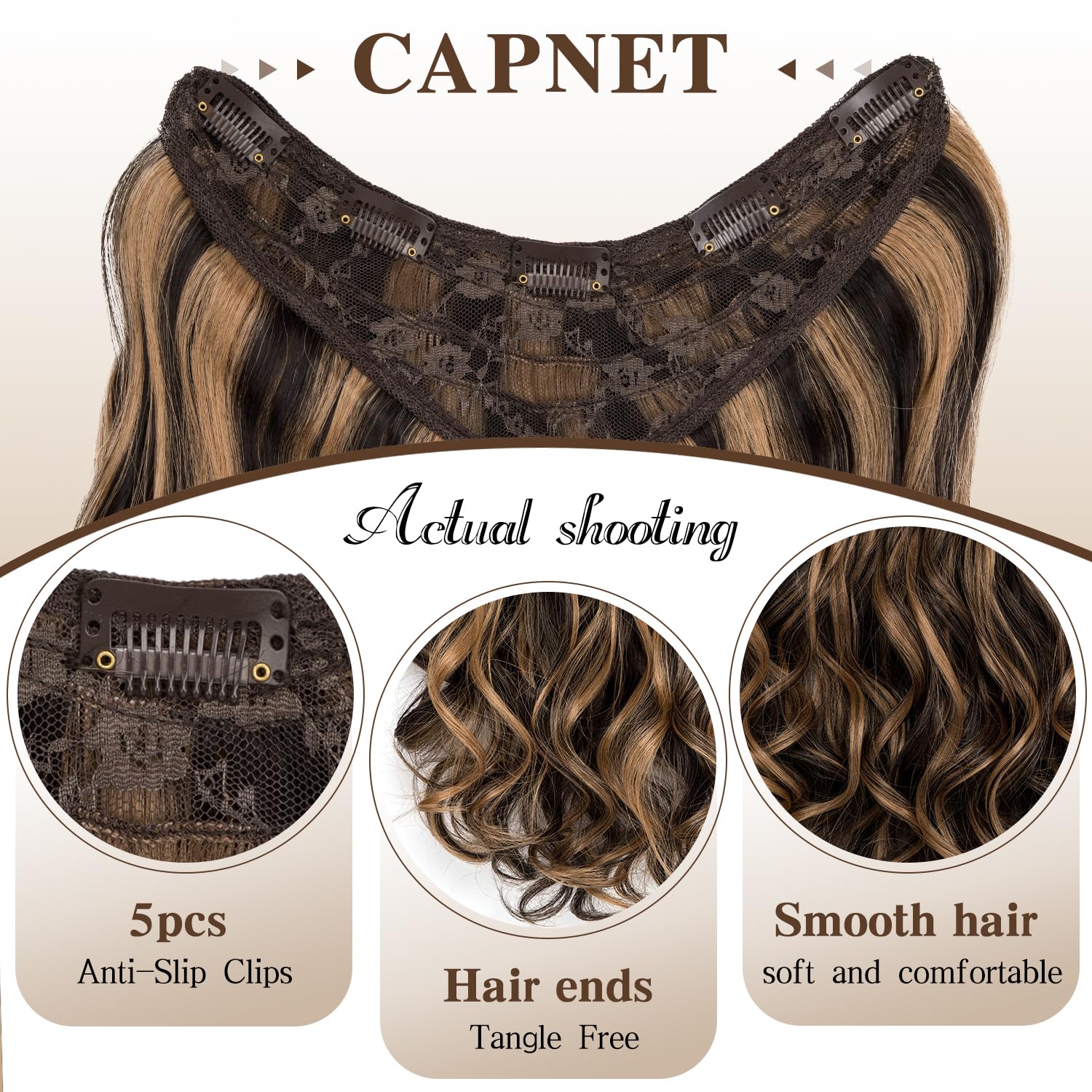 Clip in Hair Extensions for Women - Long Wavy Synthetic Hairpieces, Soft Full Head Extensions for Everyday & Party, Heat Resistant Volumizing Hair Wefts-Black Brown with Caramel Highlights