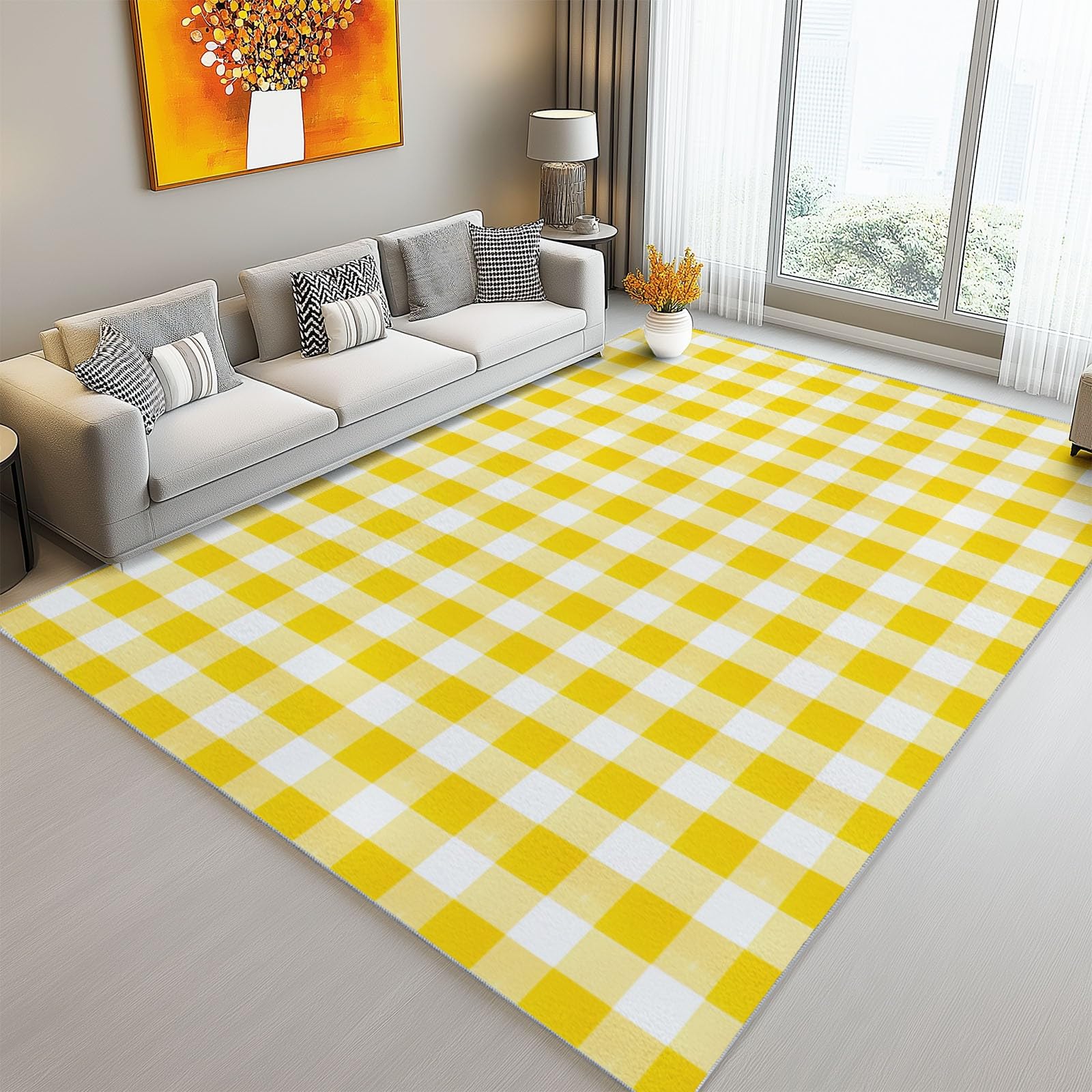 Dywaniki można prać w pralce do salonu 120 x 180 cm - miękkie pluszowe dywaniki do sypialni, dywan kuchenny antypoślizgowy geometryczne linie siatka minimalistyczny design, żółty flanelowy dywan z
