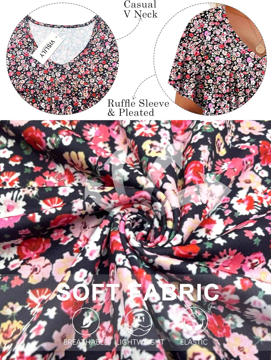 VISLILY Womens-Plus-Size-Summer-Tops Pleated V Neck T Shirts Short Sleeve Blouses Ruffle Flowy Tunics XL-5XL - Image 3