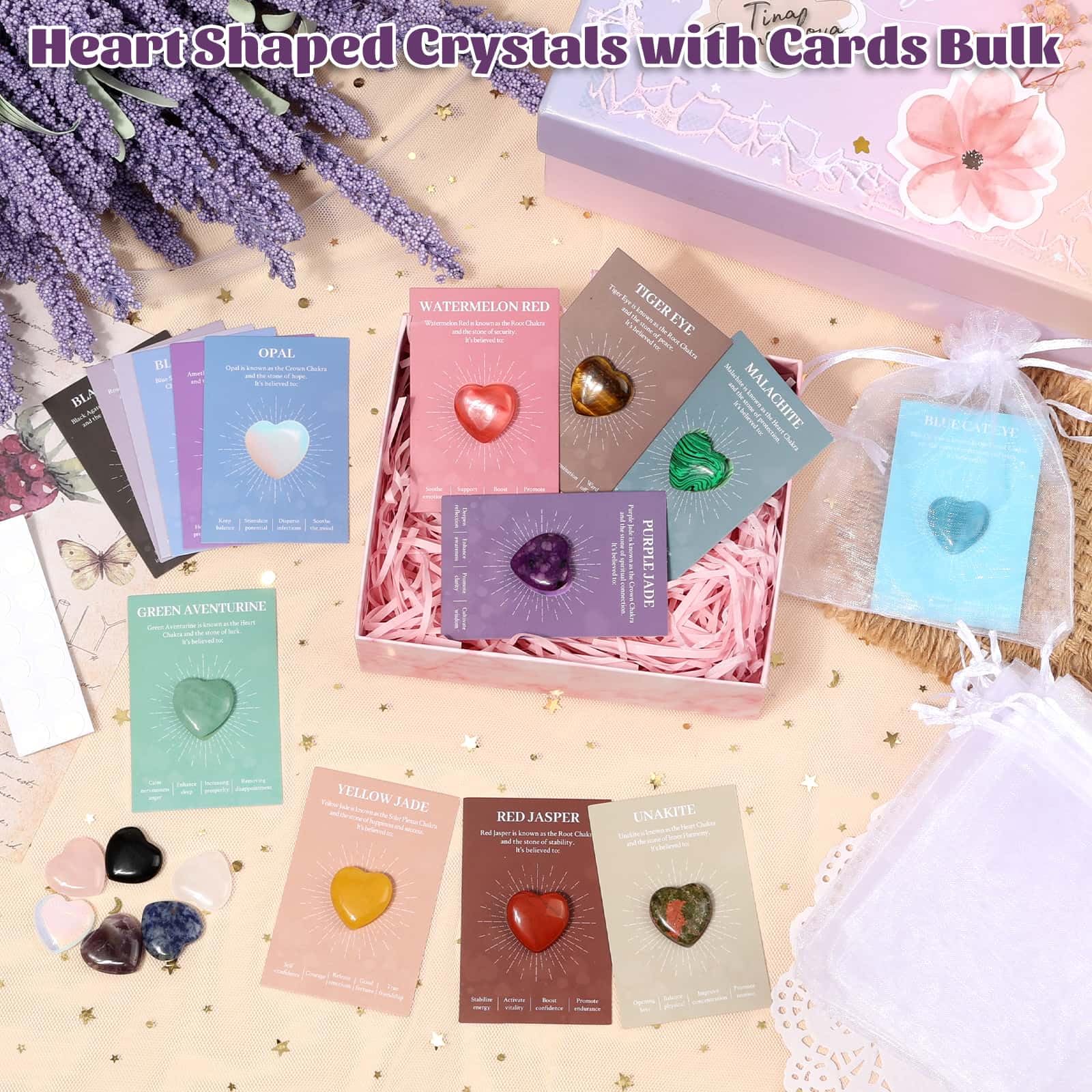15Pcs Heart Crystals and Healing Stones Bulk, 0.8" Natural Polished Heart Shaped Rocks Gemstones with Meaning Cards for Meditation Balancing Chakra Reiki Spiritual Valentines Mother's Day Gifts