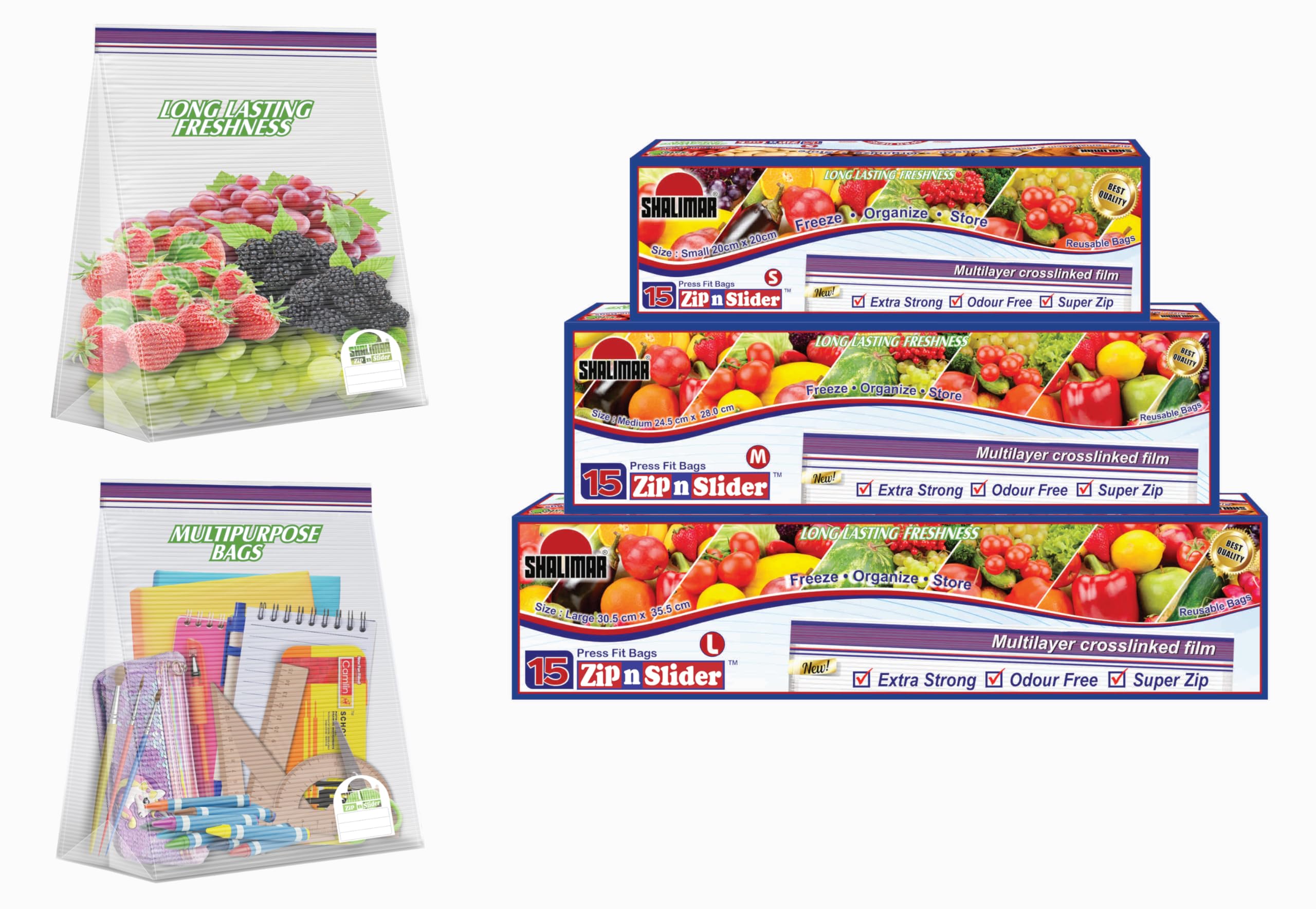 Zip 'N' Slider Plastic Bag Press Fit Combo Pack Size (Small + Medium + Large) Vegetable/Fridge/Multipurpose Storage Bag (45 Bags) Reusable and Reclosable with Double Lock